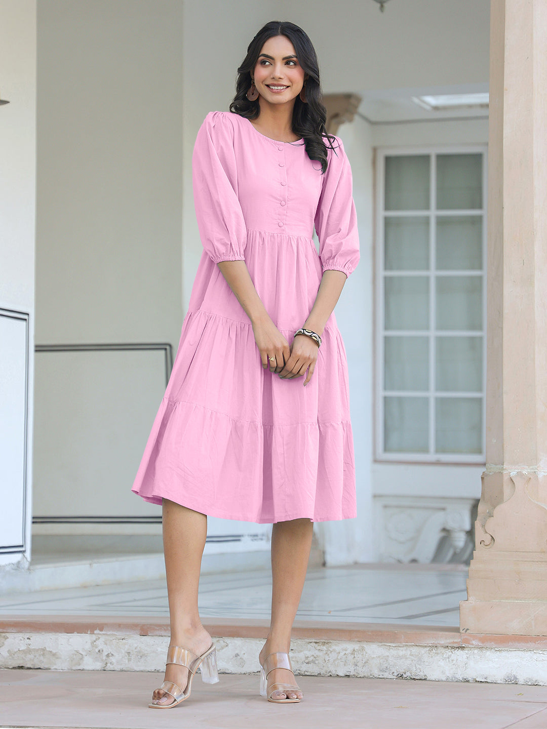 Janasya Bright Cotton Solid Tiered Dress 