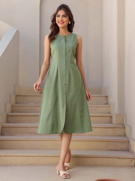 Janasya Dark Cotton Solid A-Line Dress 