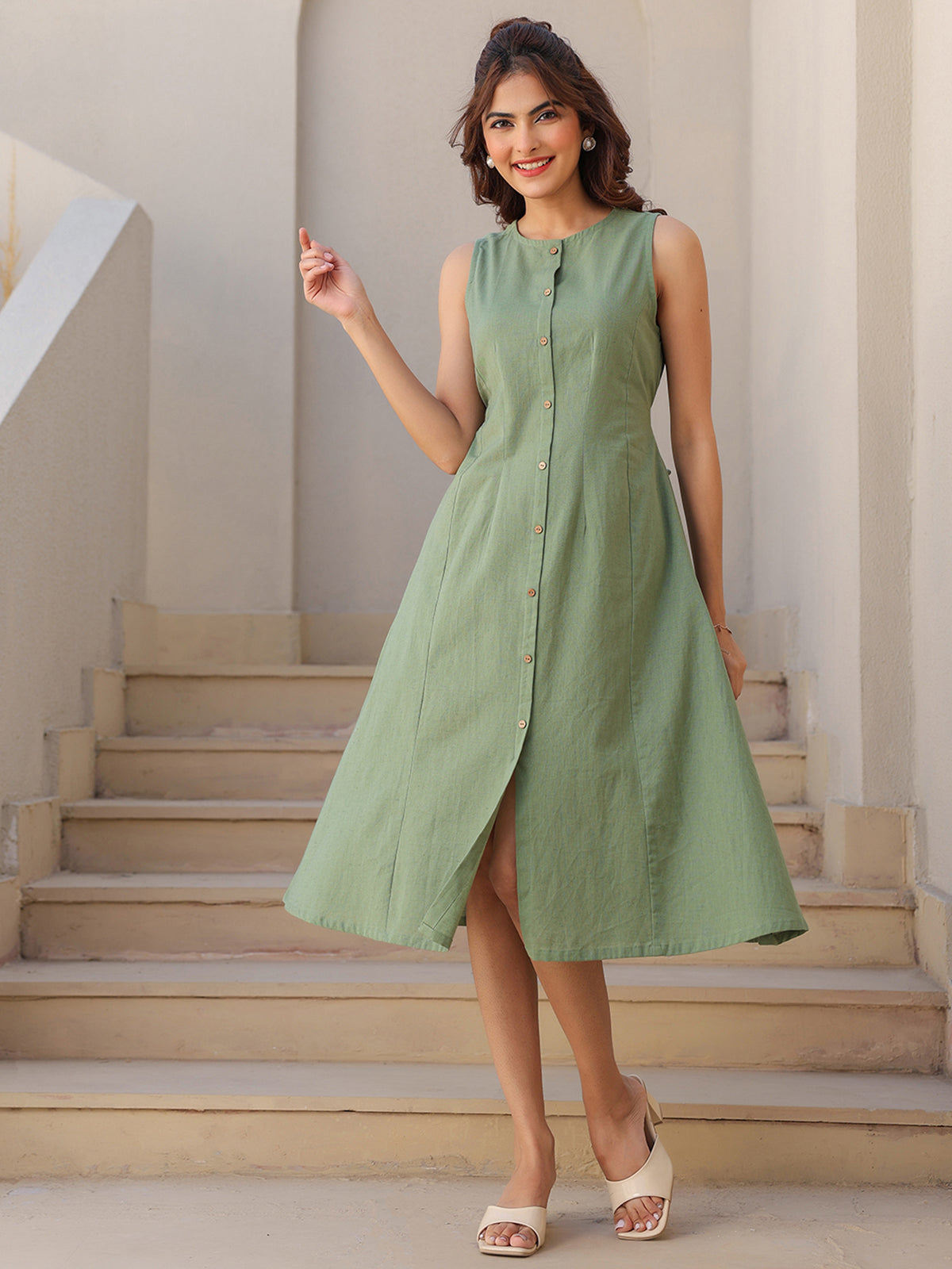 Janasya Dark Cotton Solid A-Line Dress 