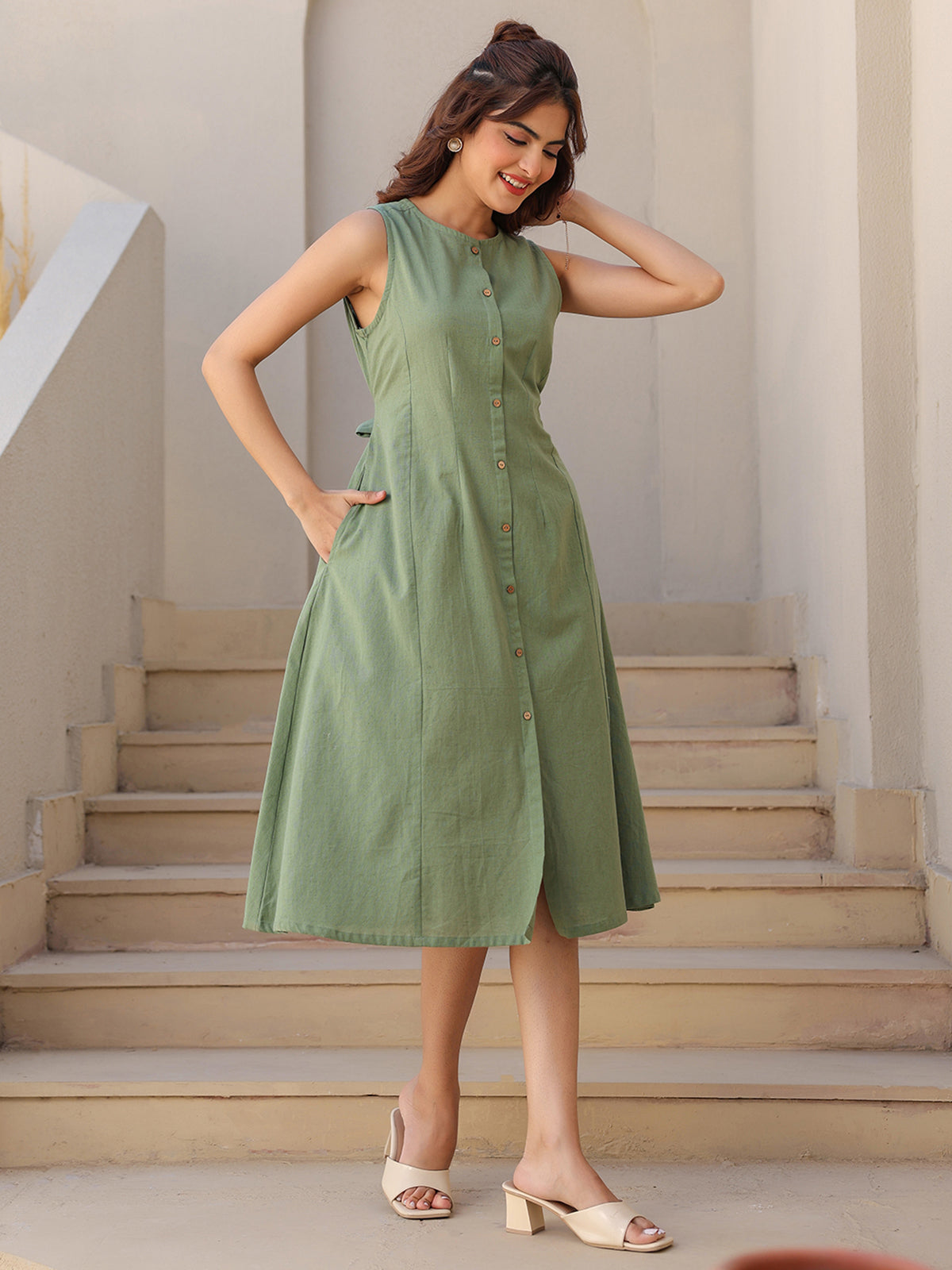 Janasya Dark Cotton Solid A-Line Dress 