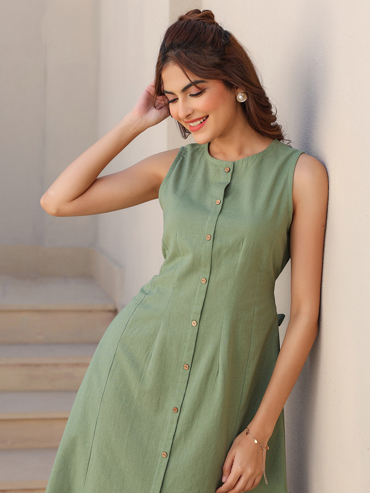 Janasya Dark Cotton Solid A-Line Dress 
