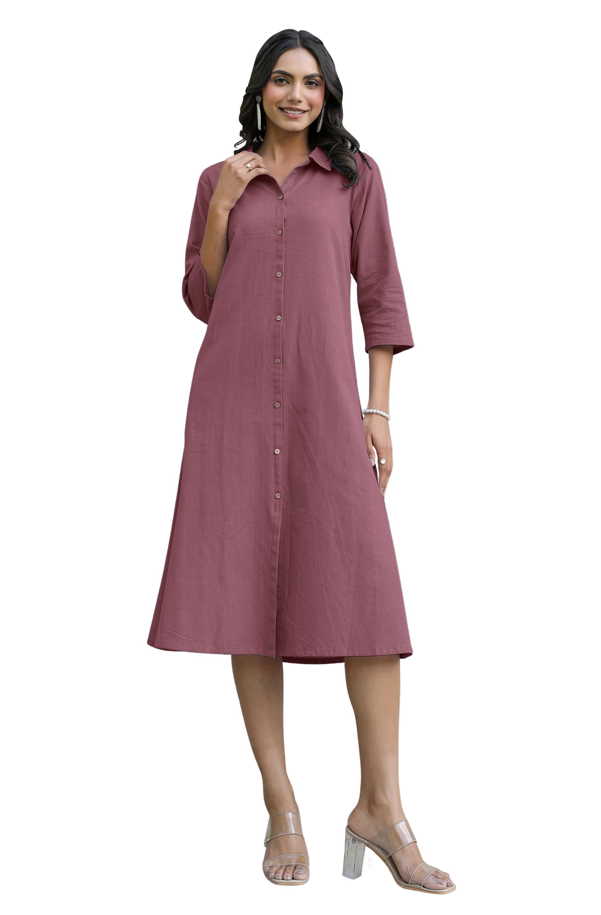 Janasya Dark Cotton Solid A-Line Dress 
