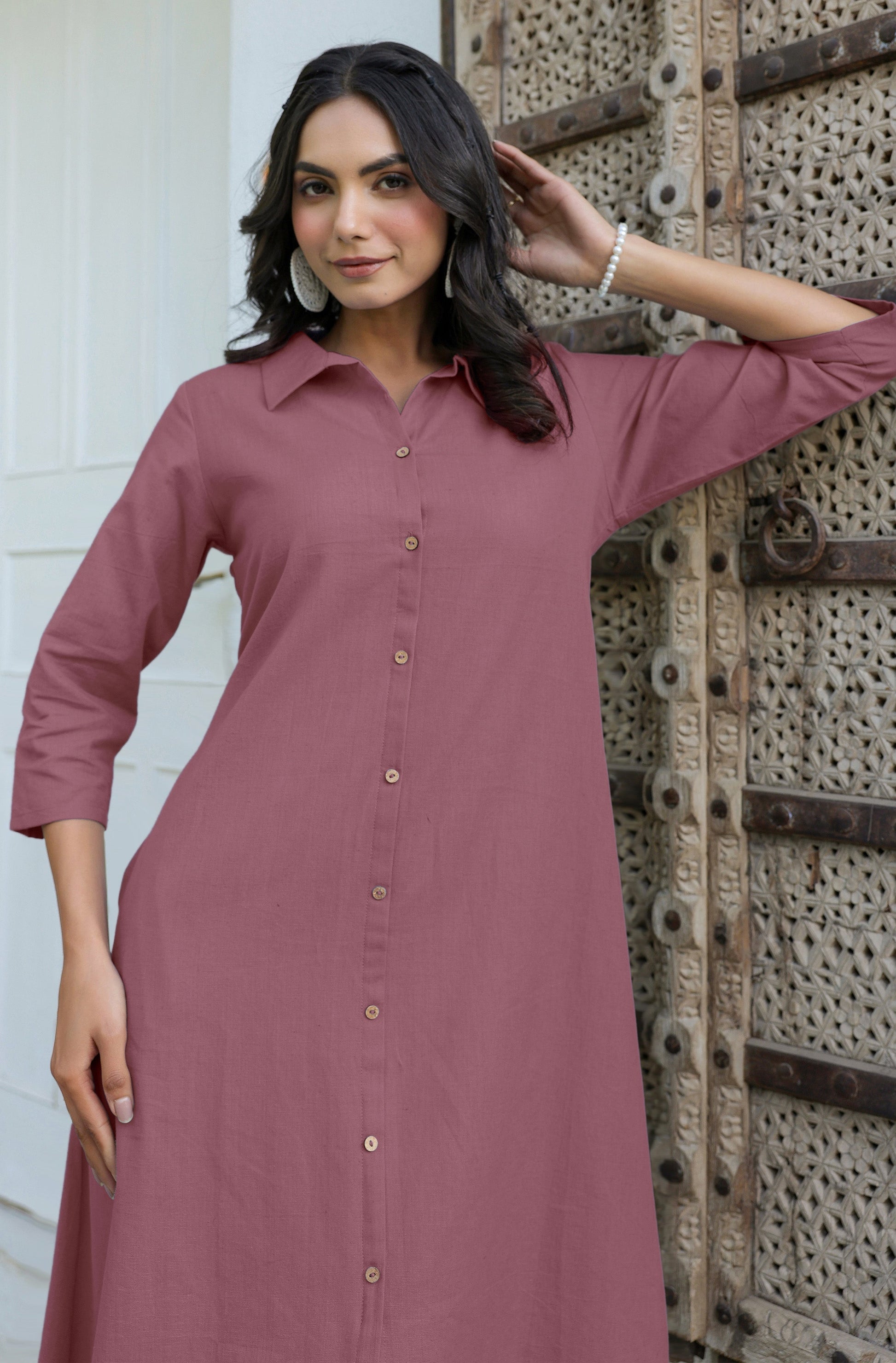 Janasya Dark Cotton Solid A-Line Dress 
