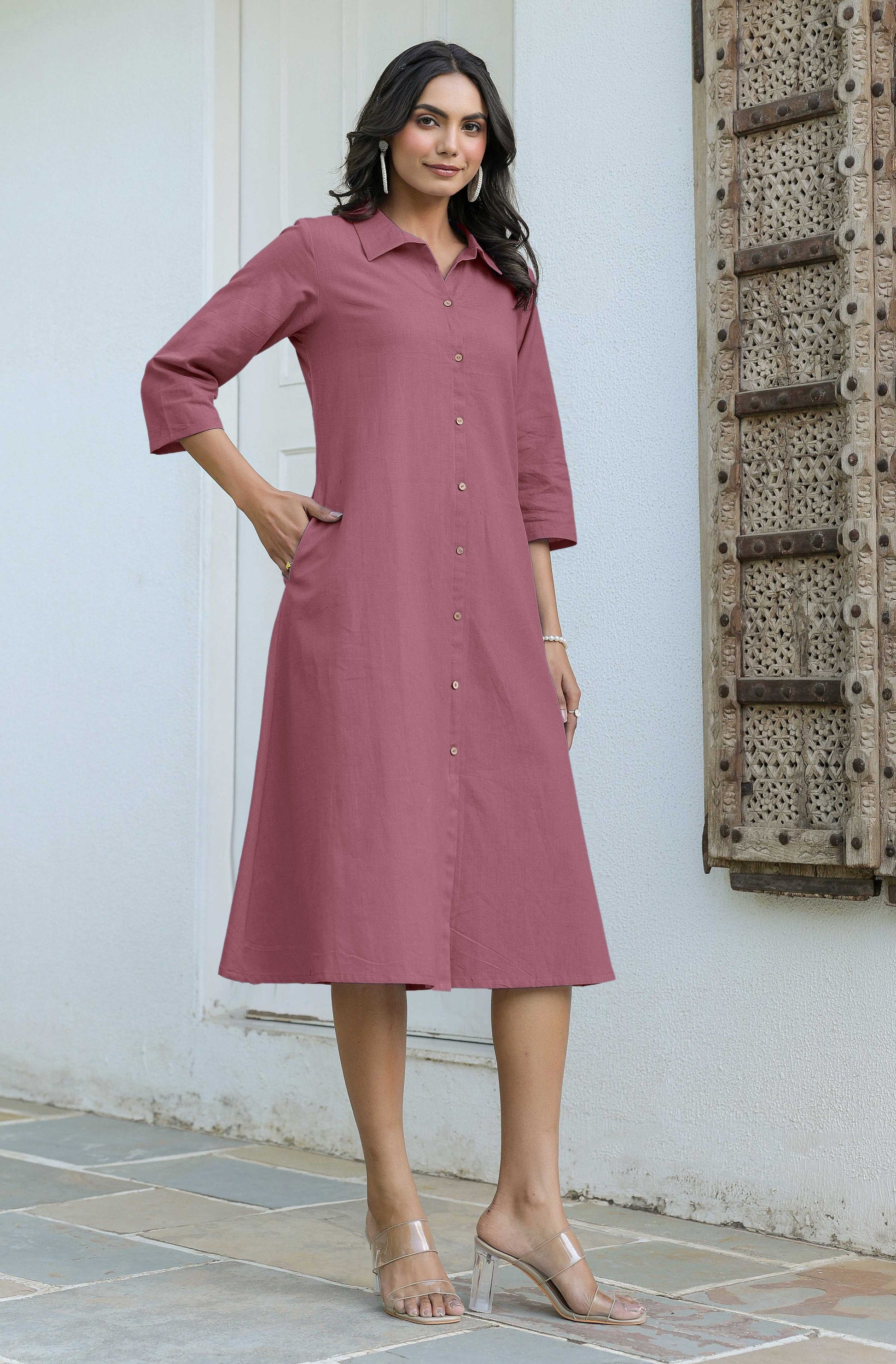Janasya Dark Cotton Solid A-Line Dress 