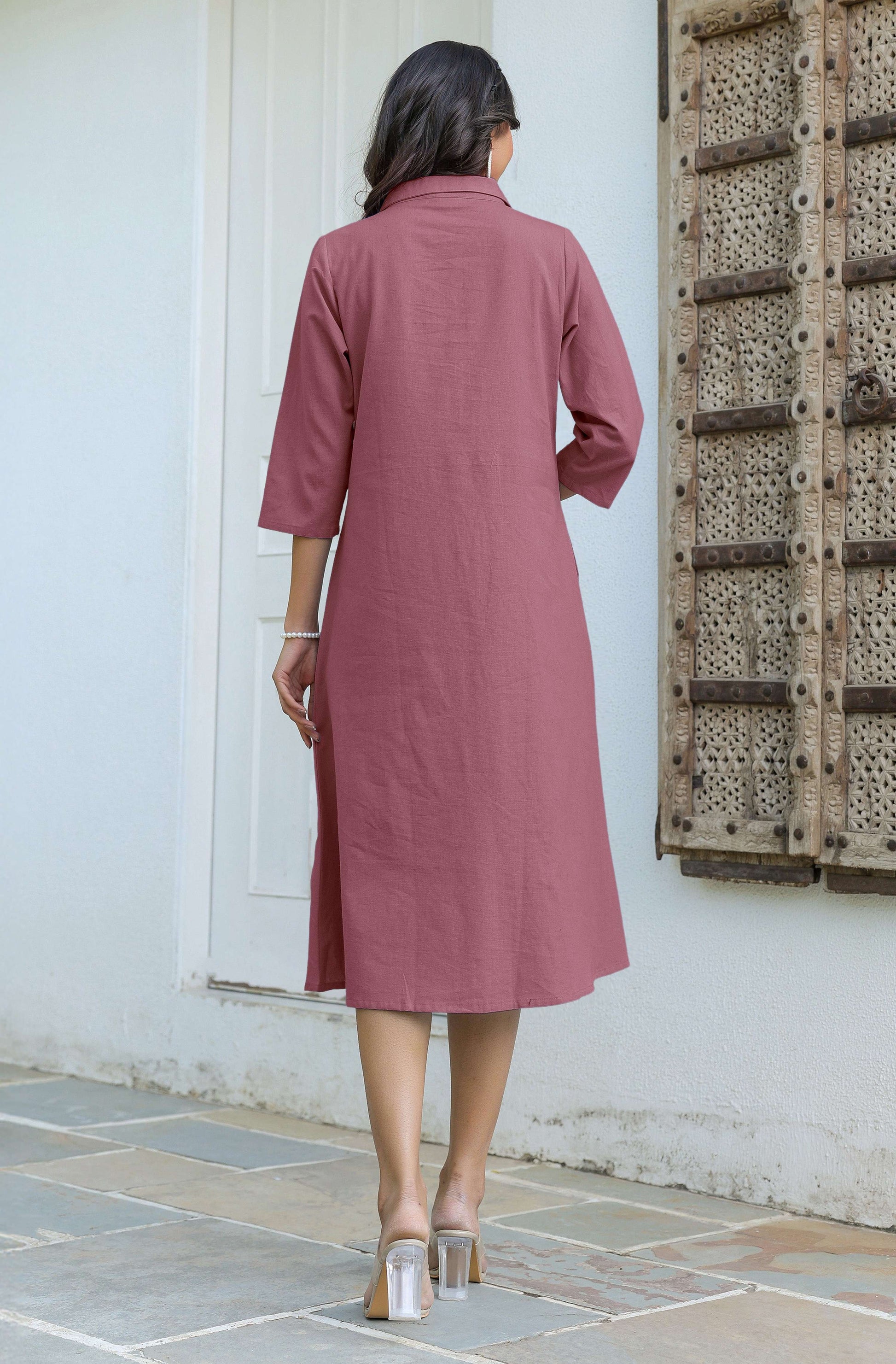 Janasya Dark Cotton Solid A-Line Dress 