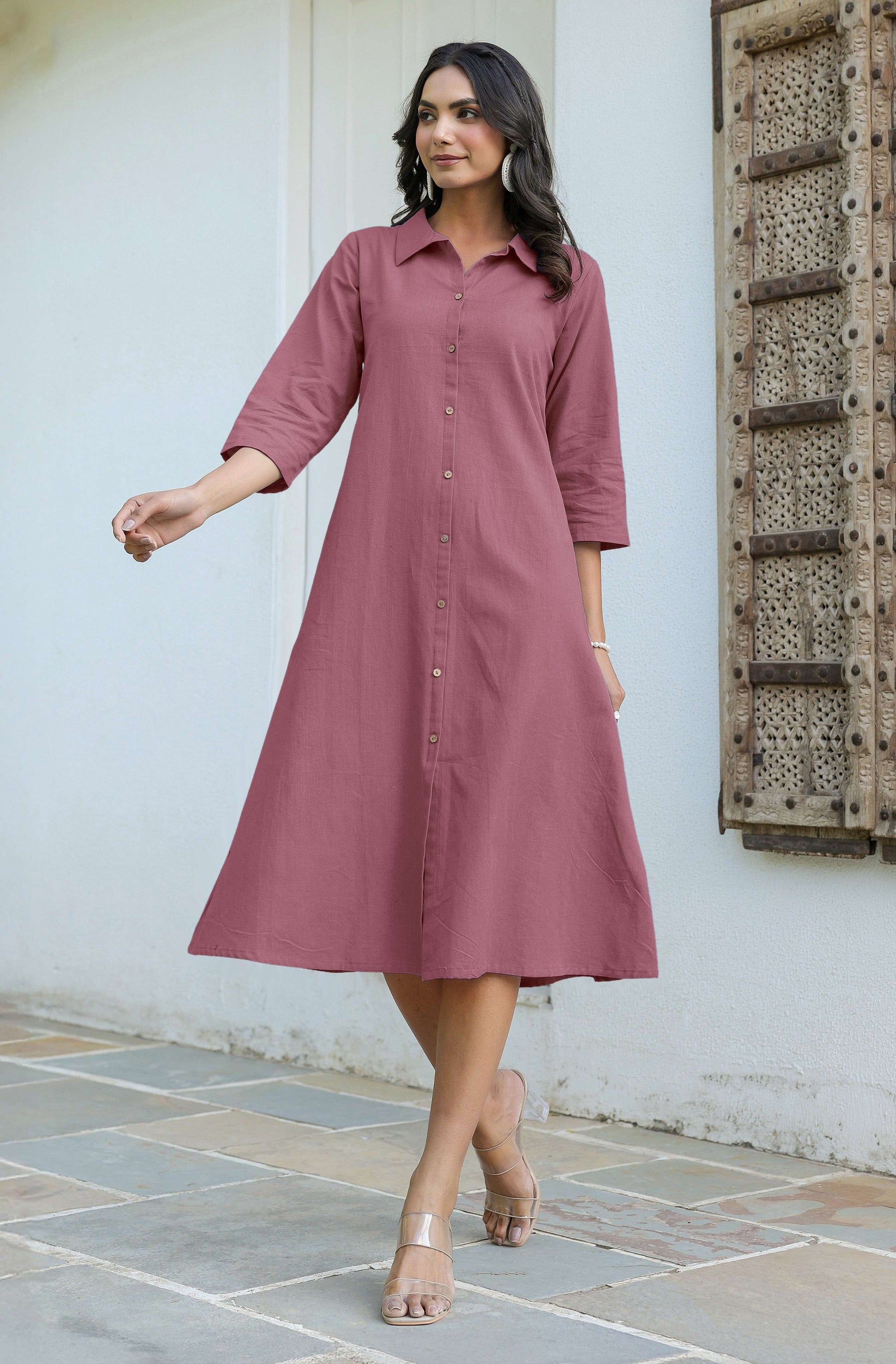 Janasya Dark Cotton Solid A-Line Dress 