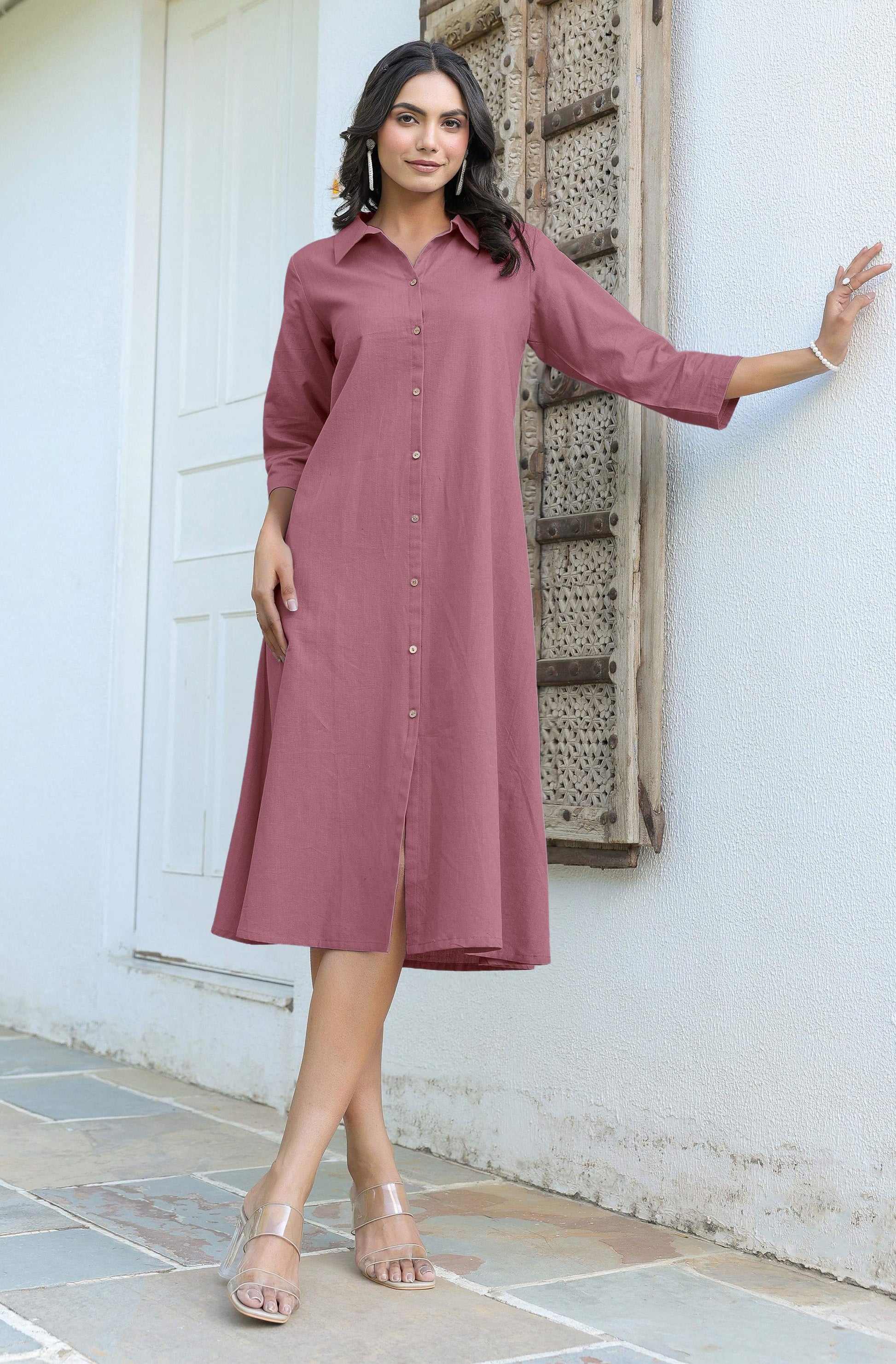 Janasya Dark Cotton Solid A-Line Dress 