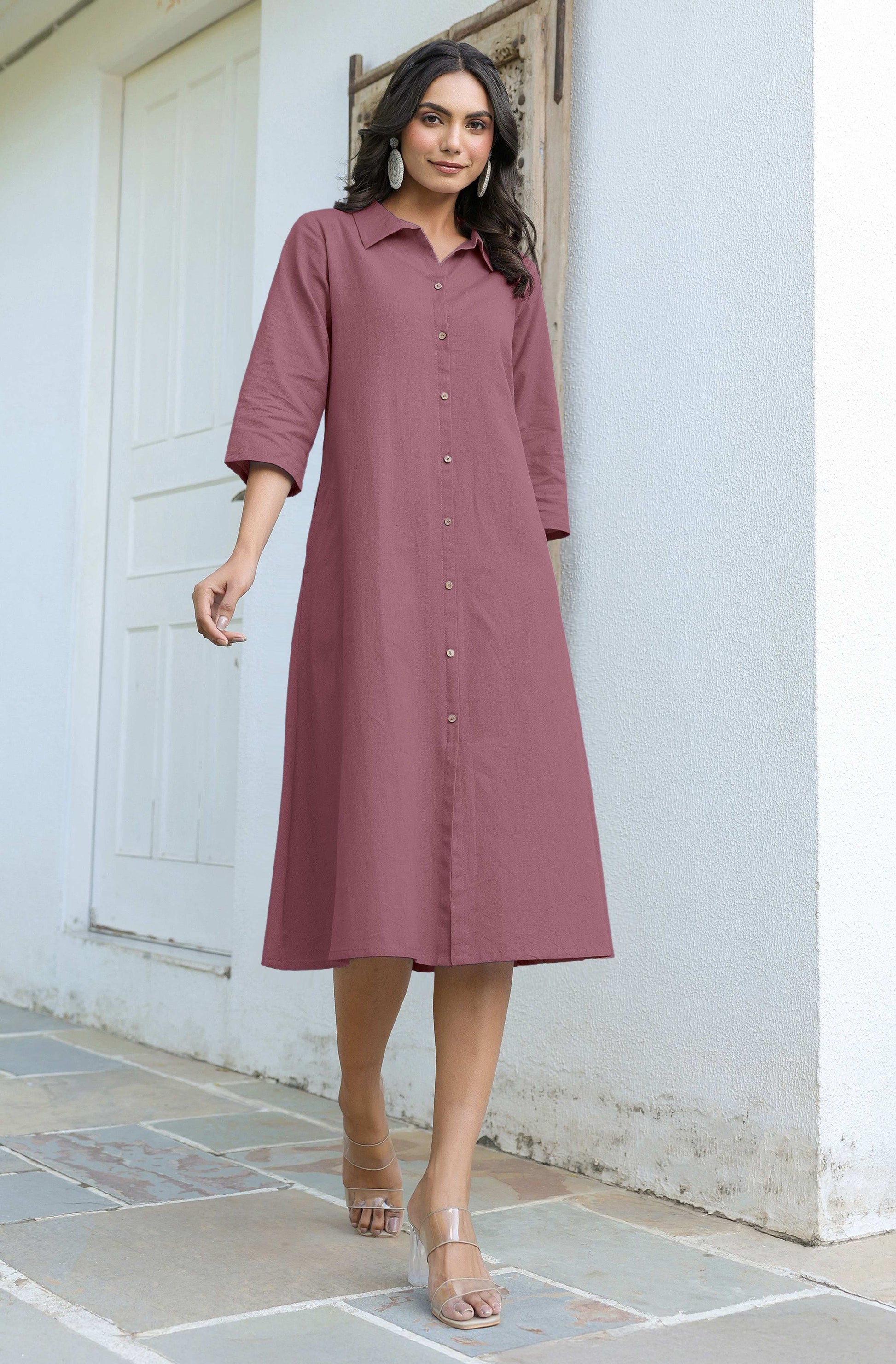 Janasya Dark Cotton Solid A-Line Dress 