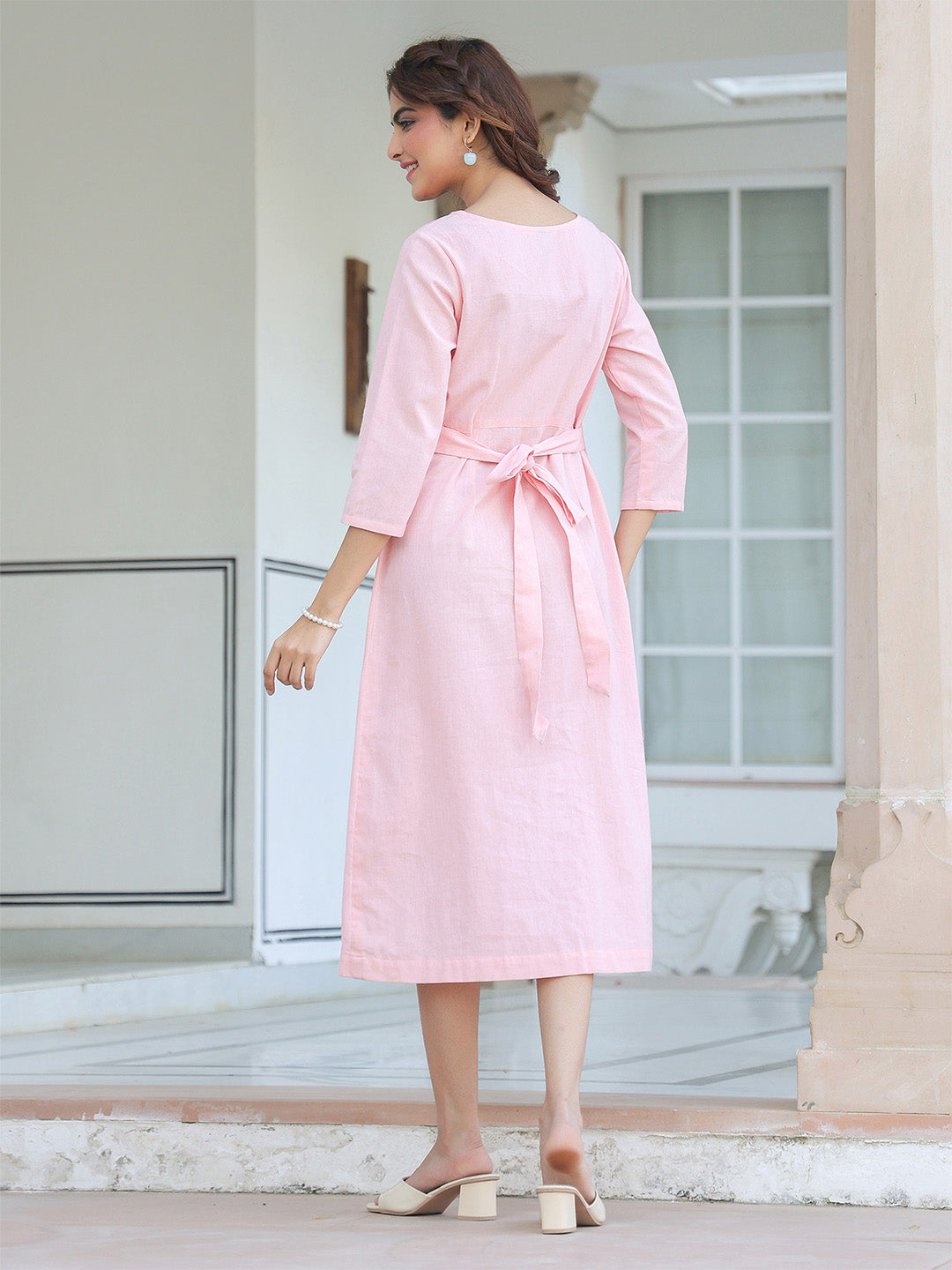 Janasya Light Cotton Solid A-Line Dress 