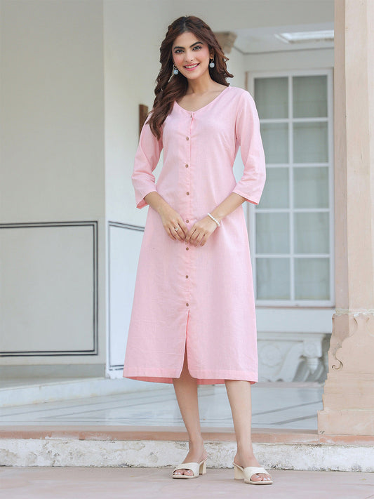Janasya Light Cotton Solid A-Line Dress 