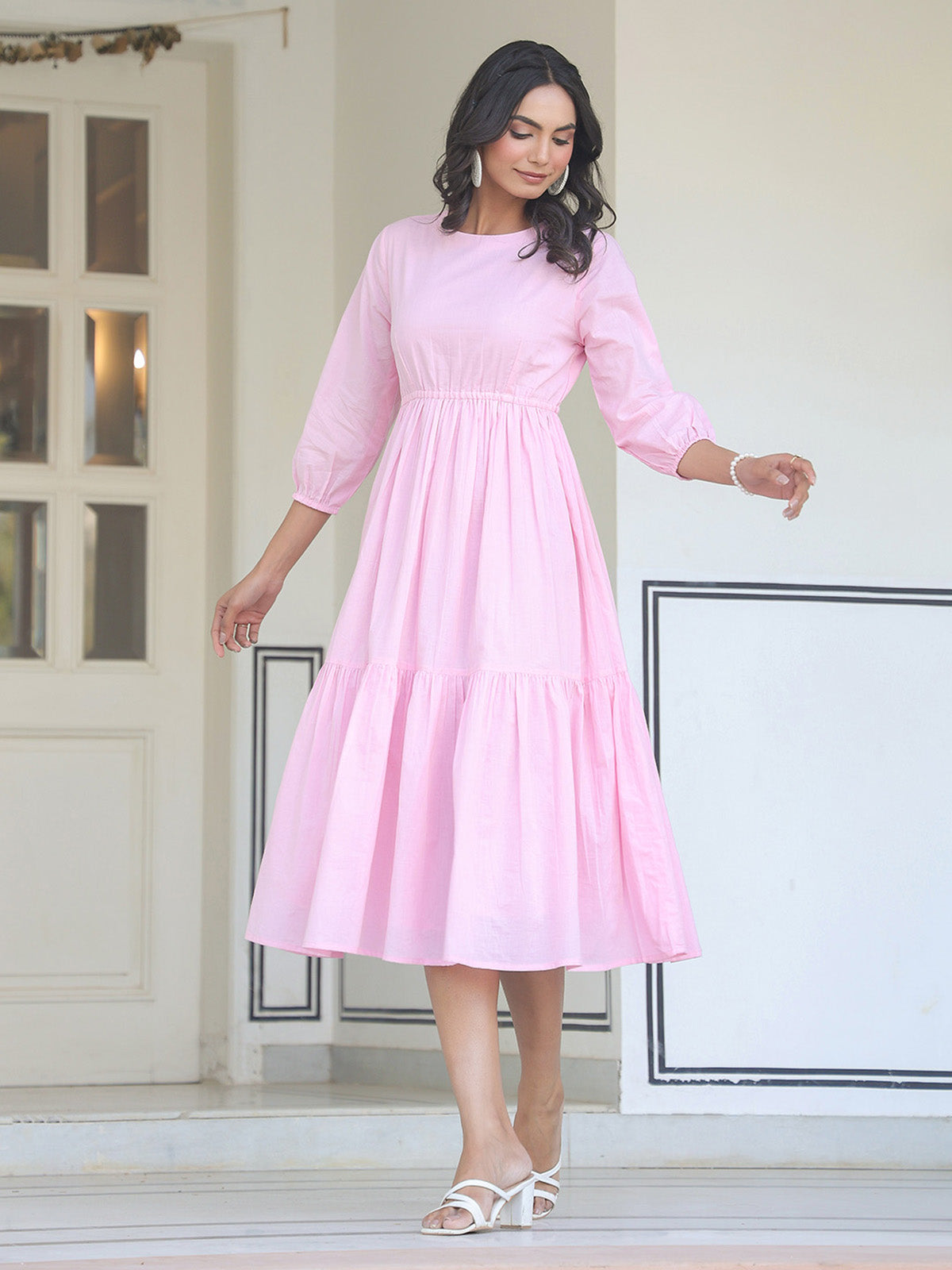 Janasya Light Cotton Solid Tiered Dress 