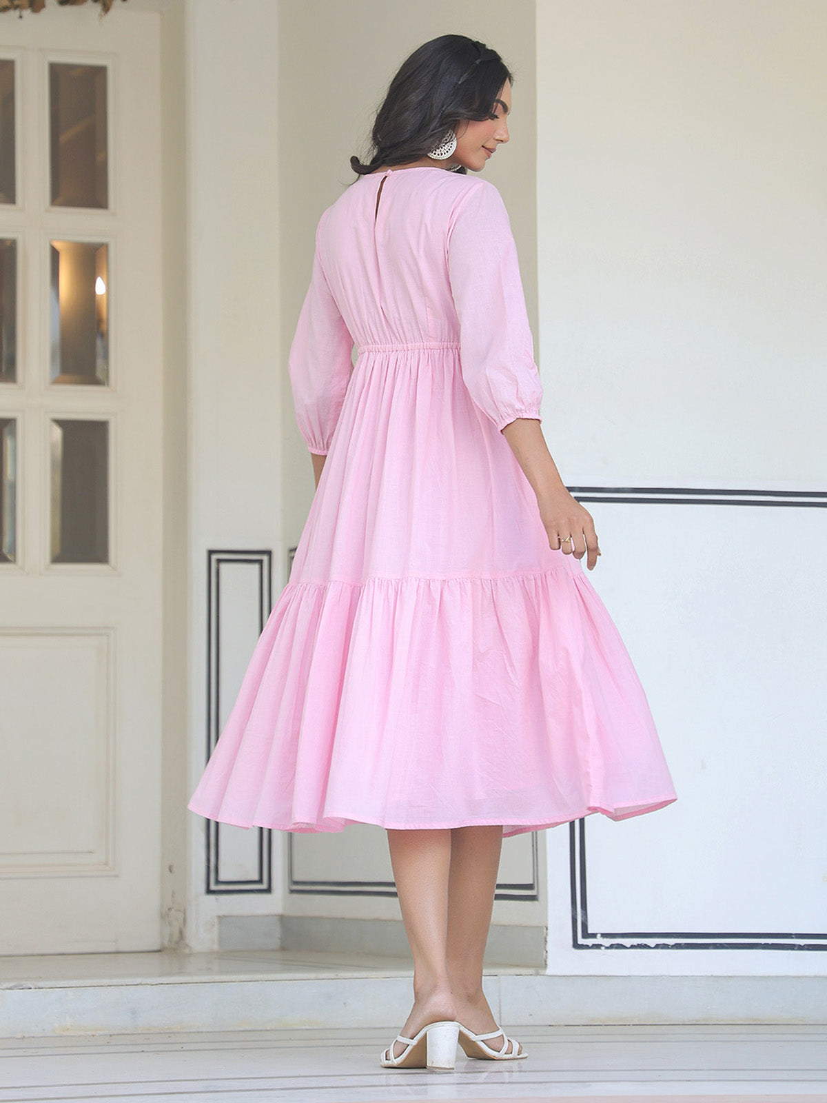 Janasya Light Cotton Solid Tiered Dress 