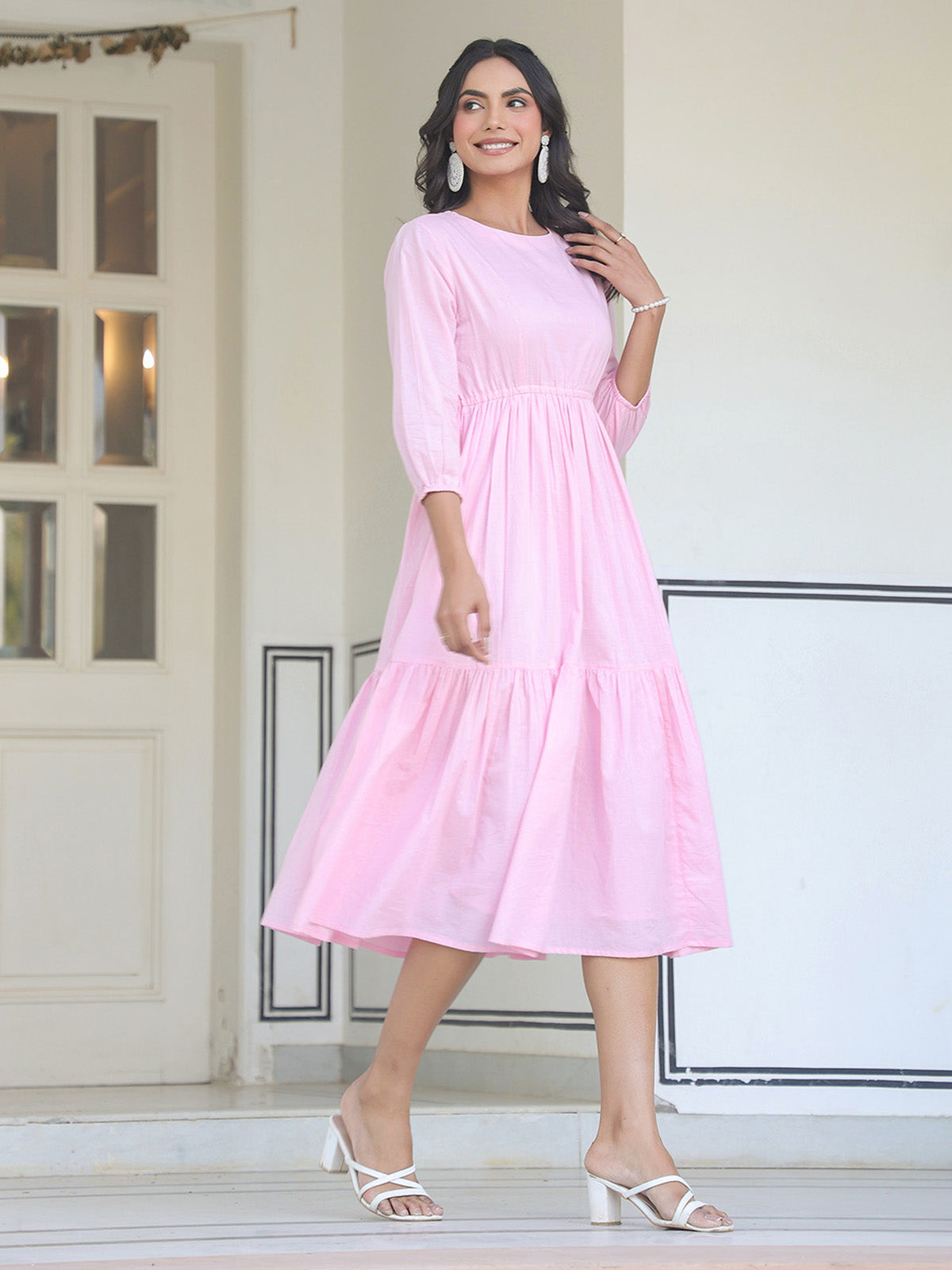 Janasya Light Cotton Solid Tiered Dress 
