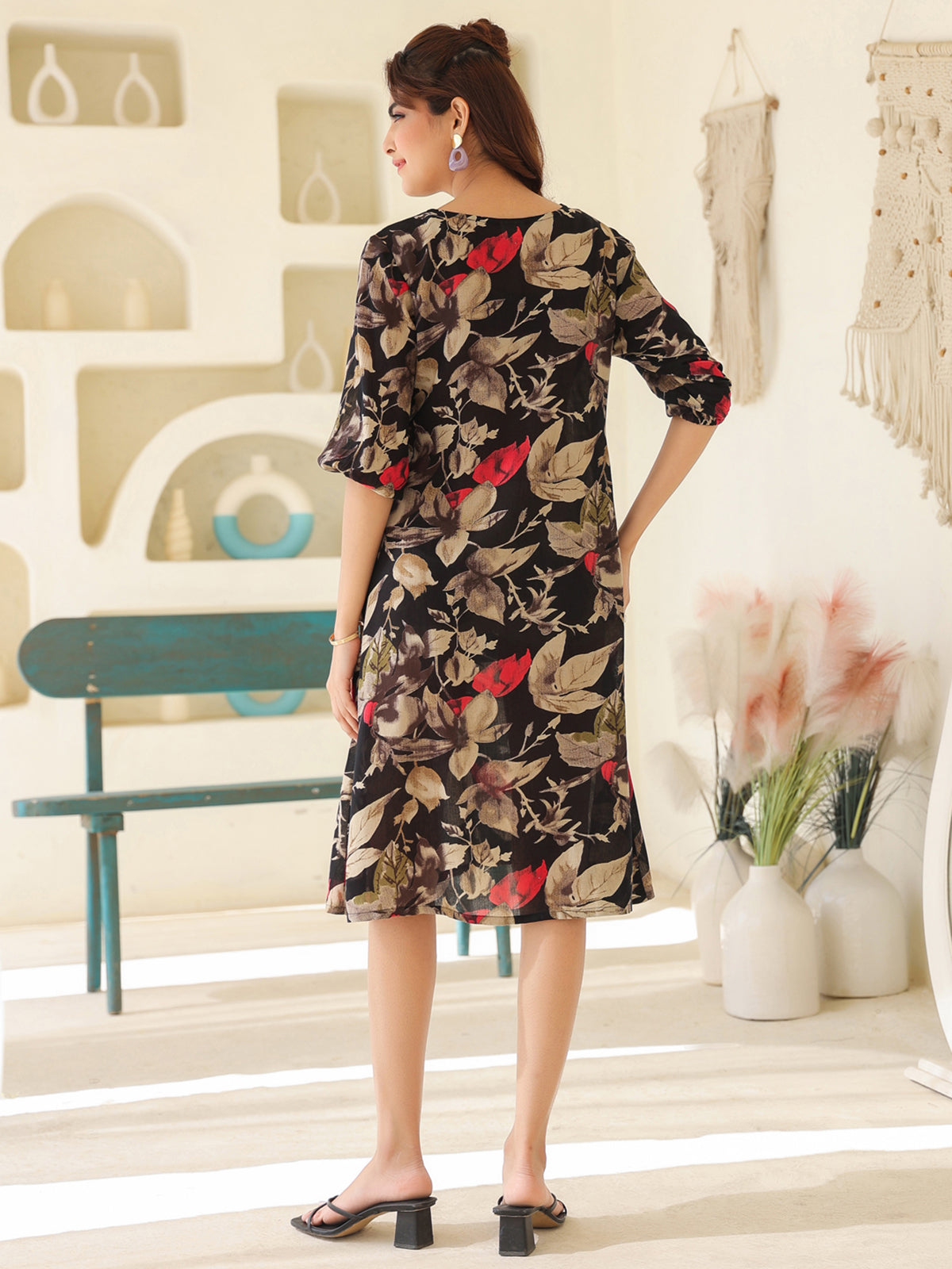 Janasya Dark Rayon Floral A-Line Dress 