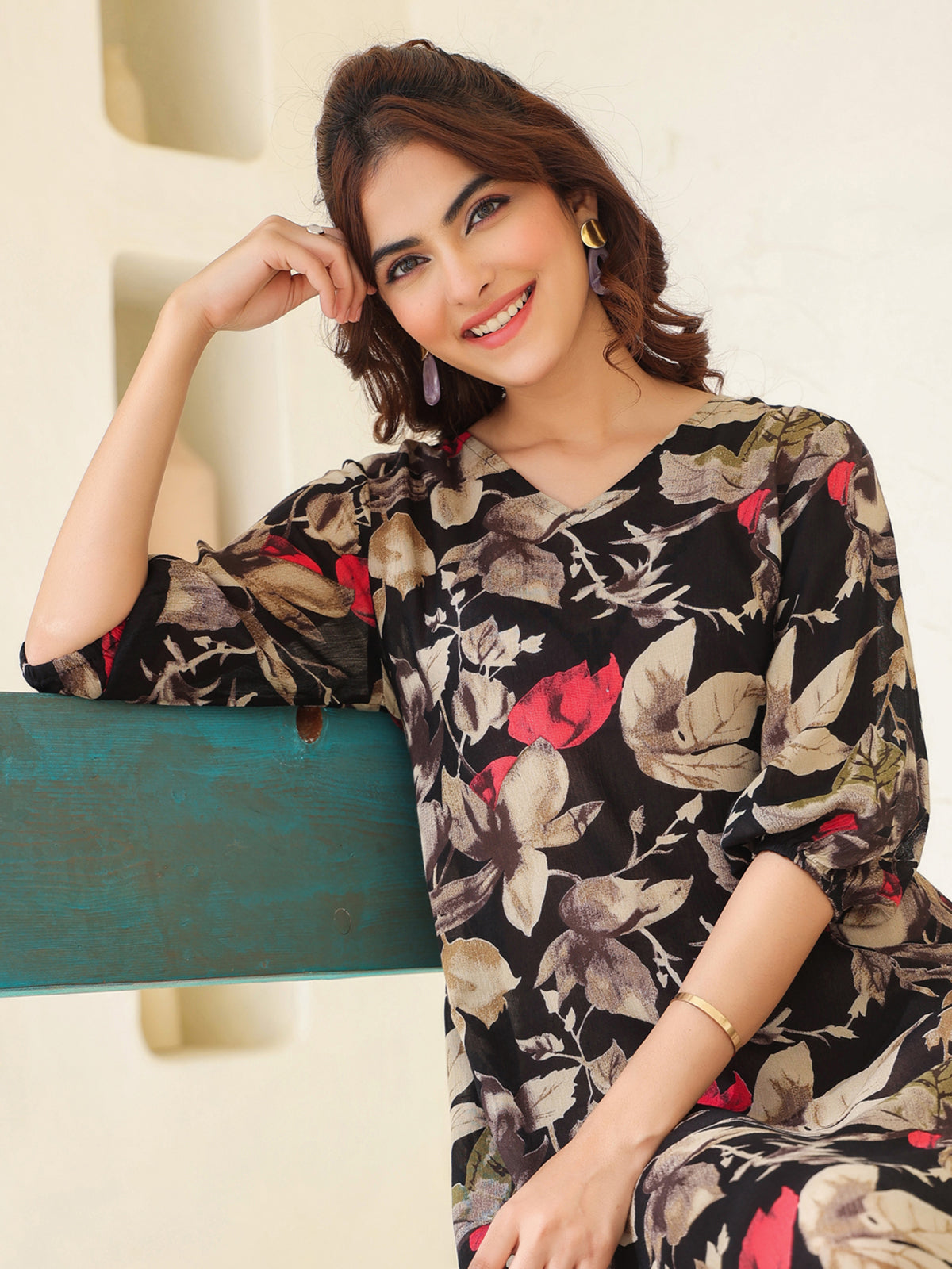 Janasya Dark Rayon Floral A-Line Dress 