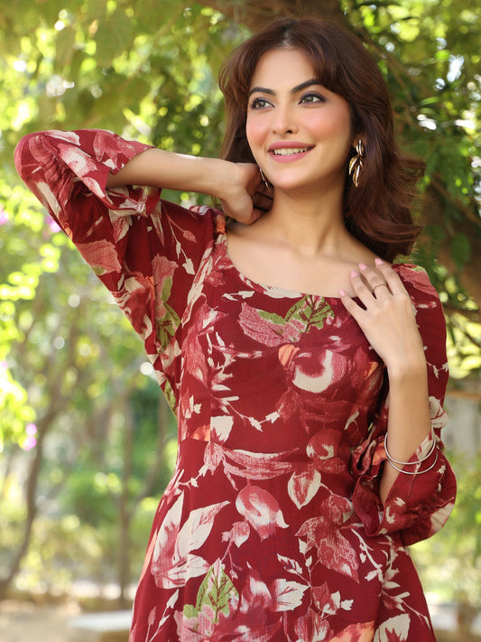 Janasya Dark Rayon Floral A-Line Dress 