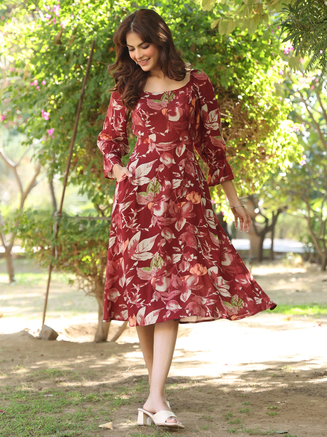 Janasya Dark Rayon Floral A-Line Dress 