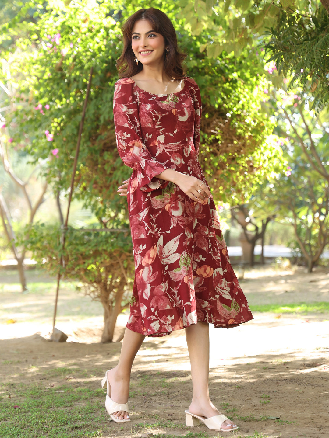 Janasya Dark Rayon Floral A-Line Dress 