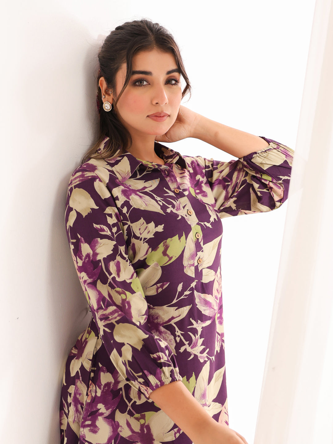 Janasya Dark Cotton Floral A-Line Dress 