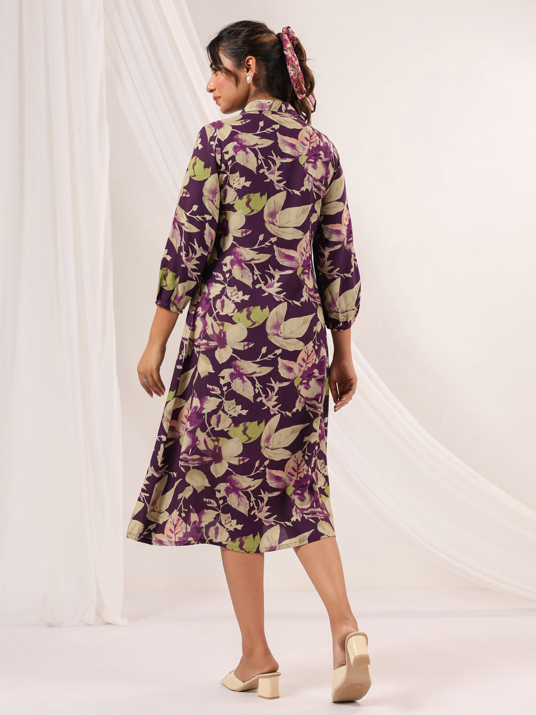 Janasya Dark Cotton Floral A-Line Dress 