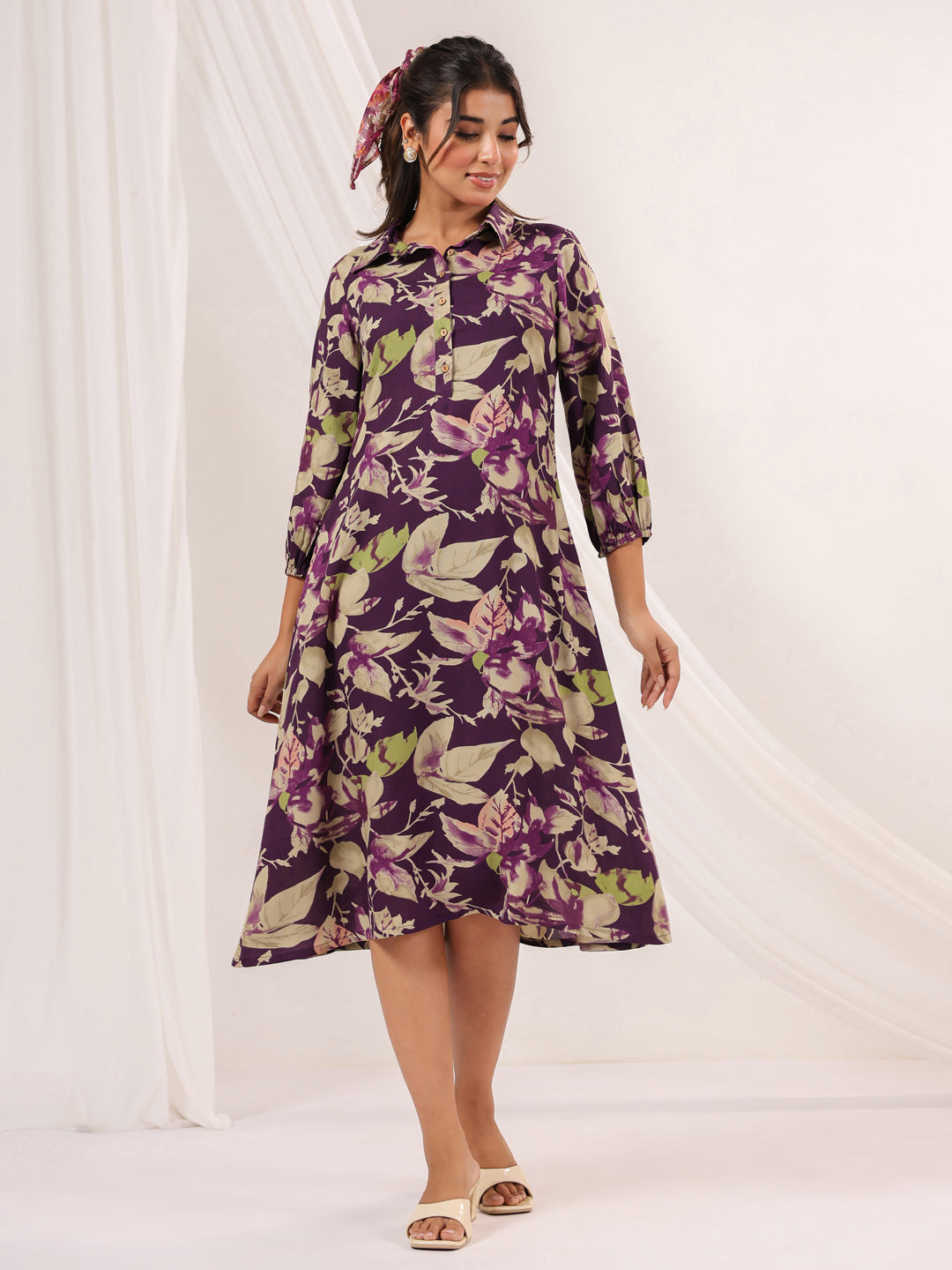 Janasya Dark Cotton Floral A-Line Dress 