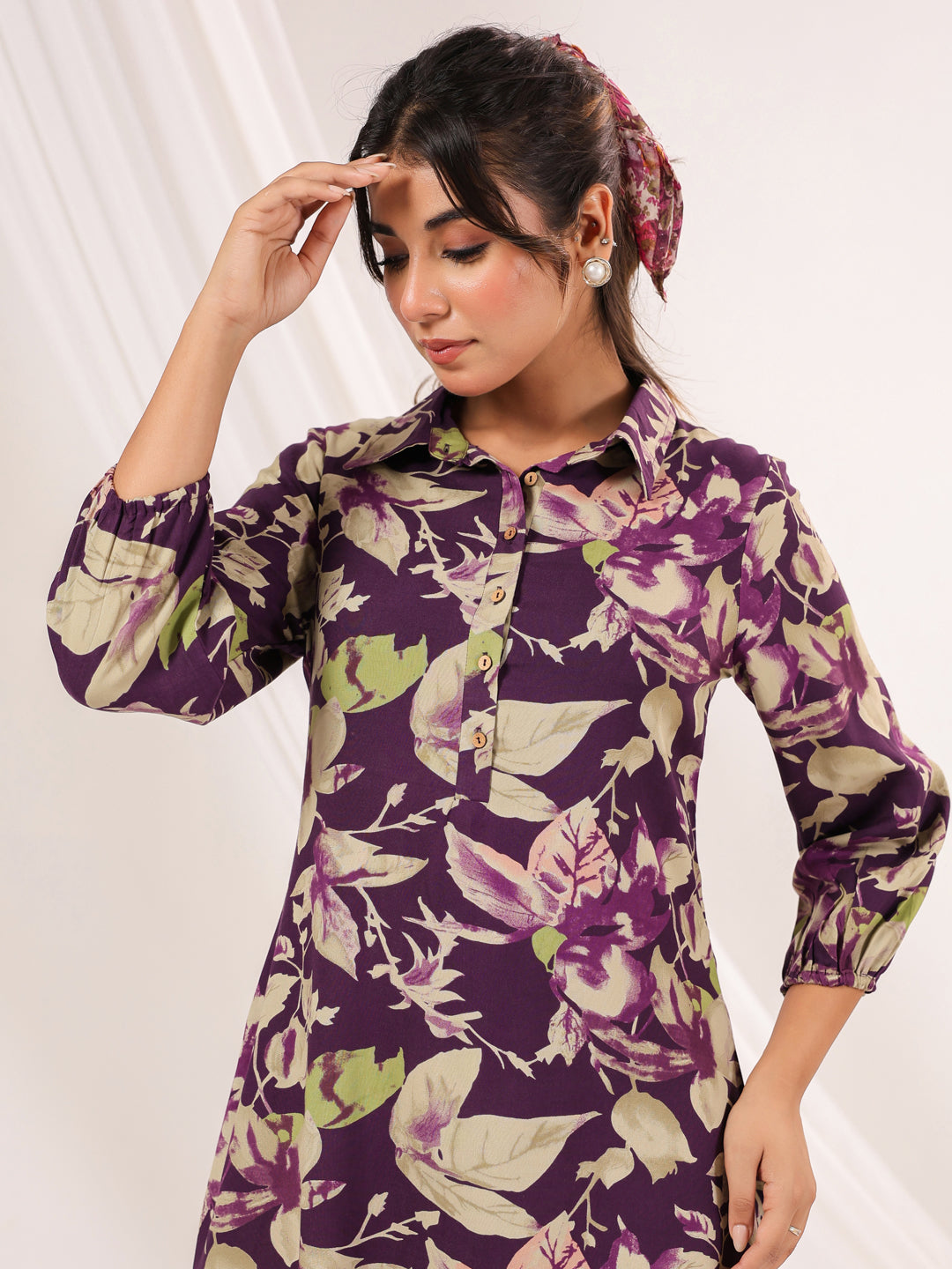 Janasya Dark Cotton Floral A-Line Dress 