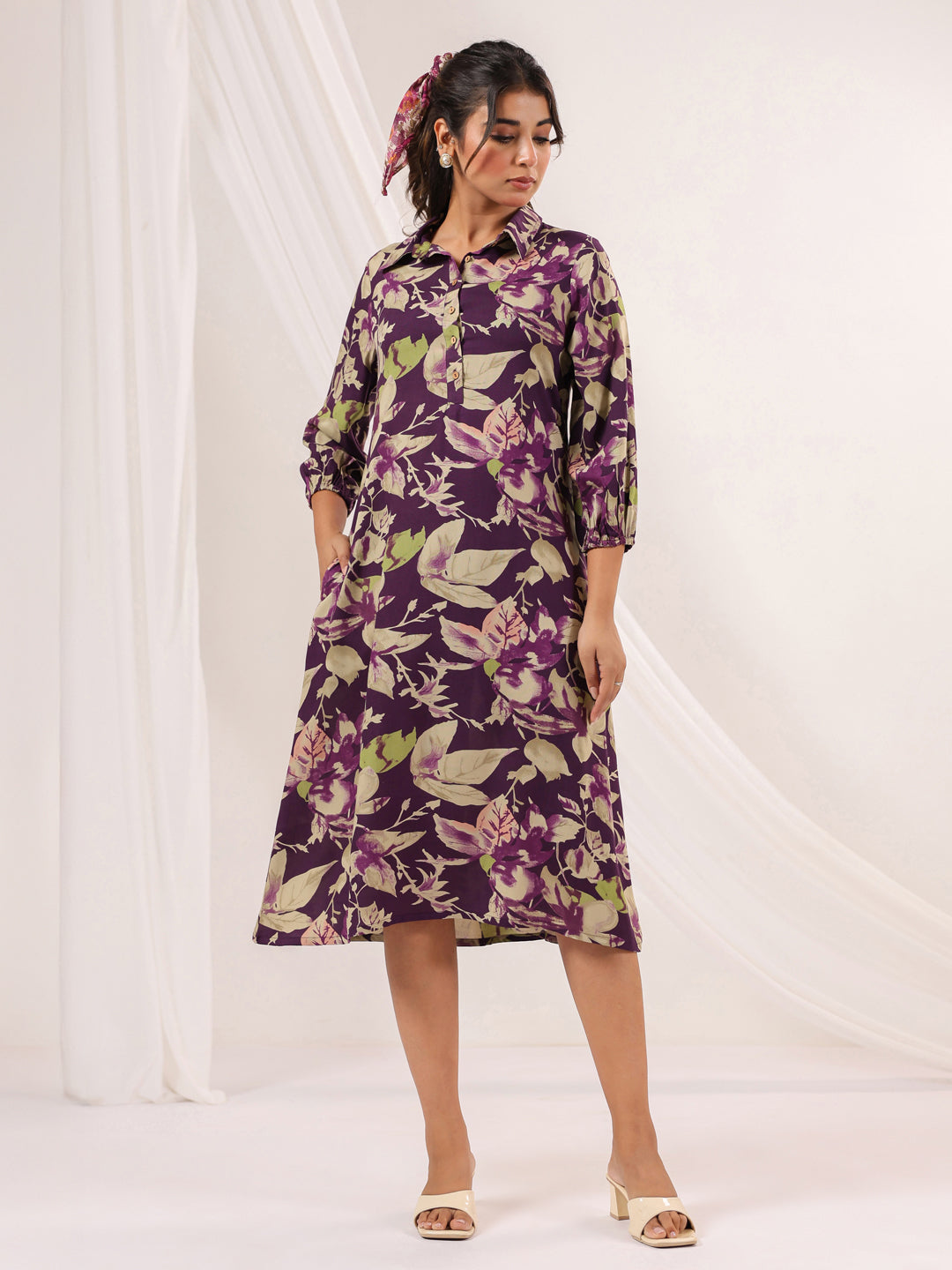 Janasya Dark Cotton Floral A-Line Dress 