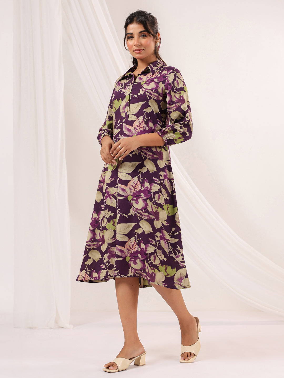 Janasya Dark Cotton Floral A-Line Dress 