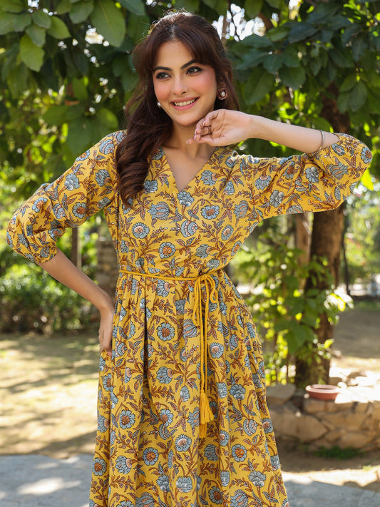 Janasya Bright Cotton Floral A-Line Dress 