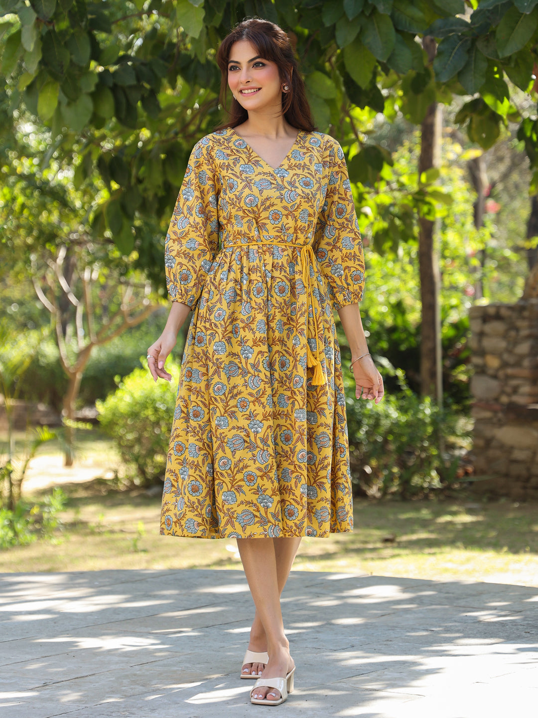 Janasya Bright Cotton Floral A-Line Dress 