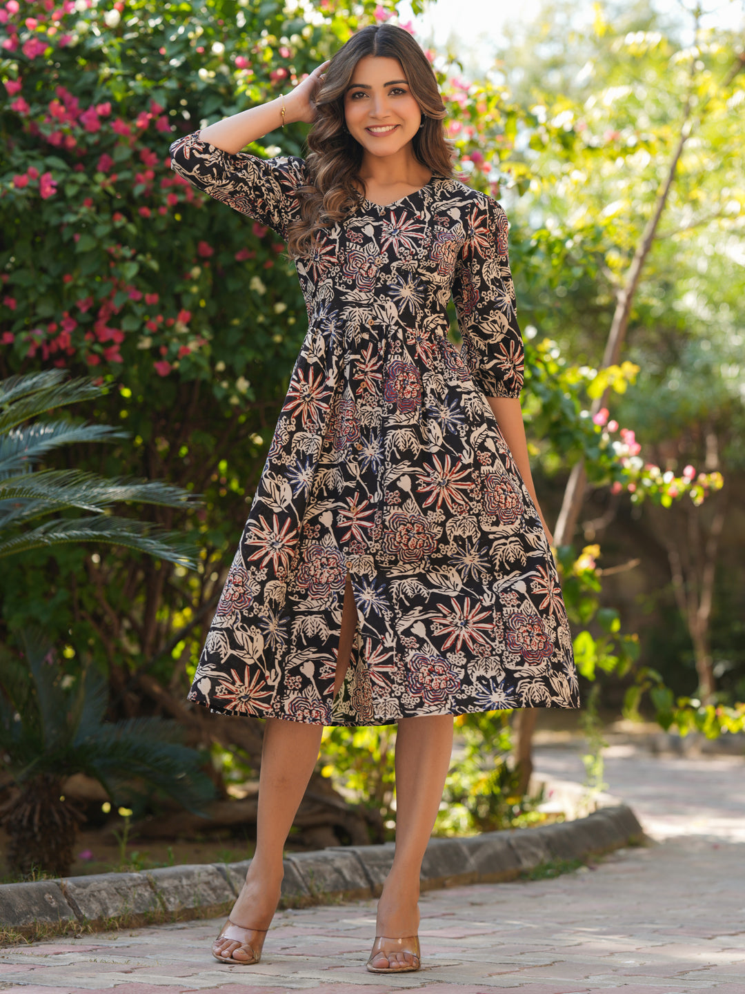 Janasya Dark Cotton Floral A-Line Dress 