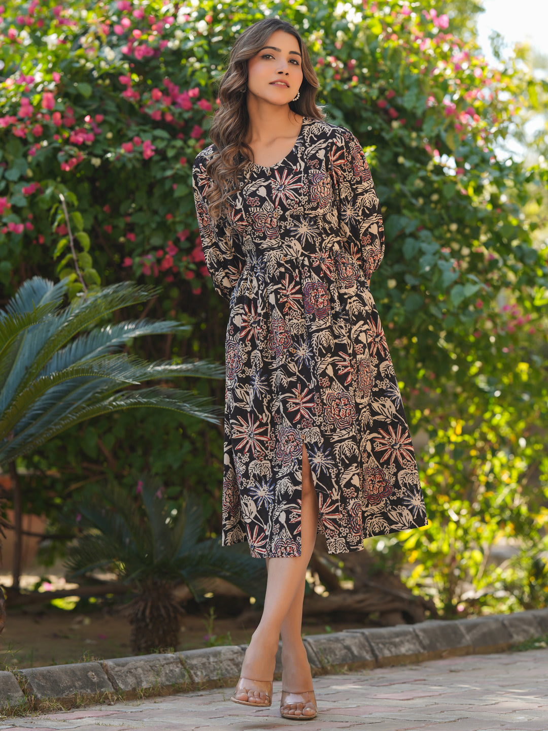 Janasya Dark Cotton Floral A-Line Dress 