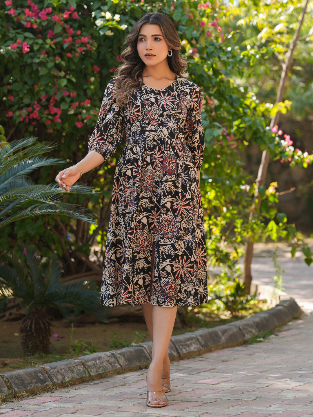 Janasya Dark Cotton Floral A-Line Dress 