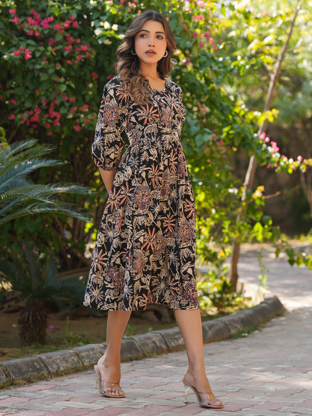 Janasya Dark Cotton Floral A-Line Dress 