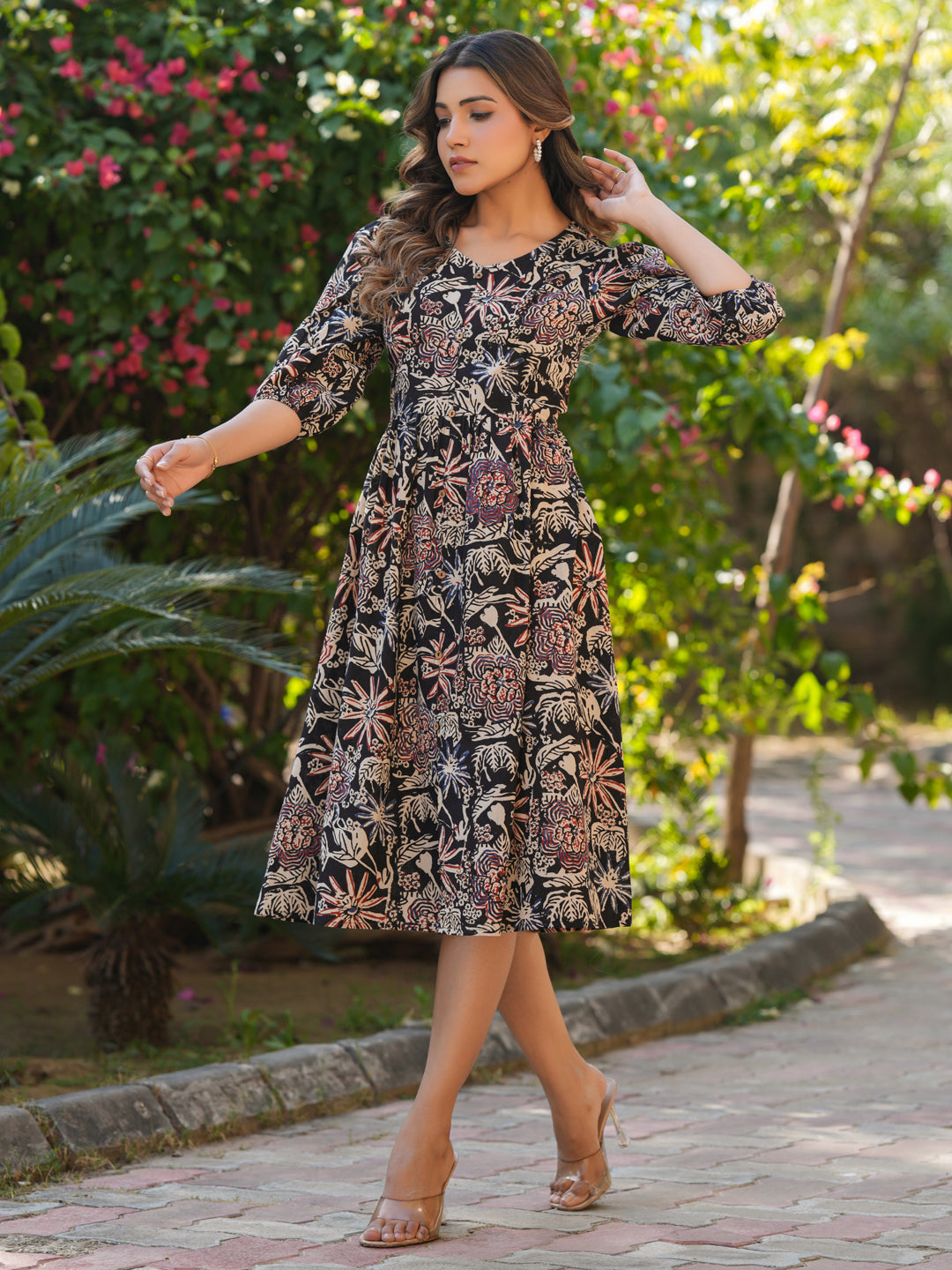 Janasya Dark Cotton Floral A-Line Dress 