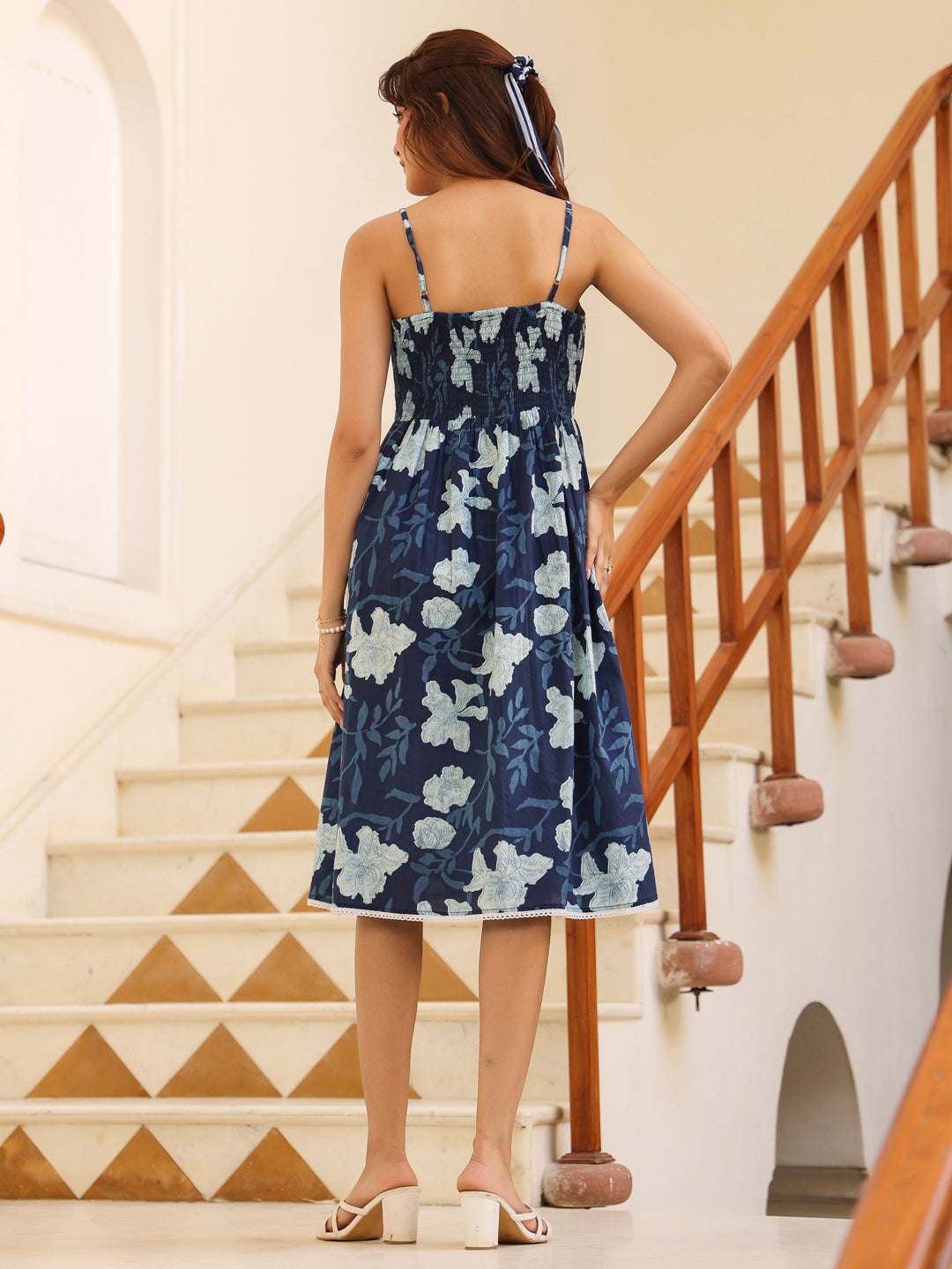 Janasya Dark Cotton Floral Fit & Flare Dress 