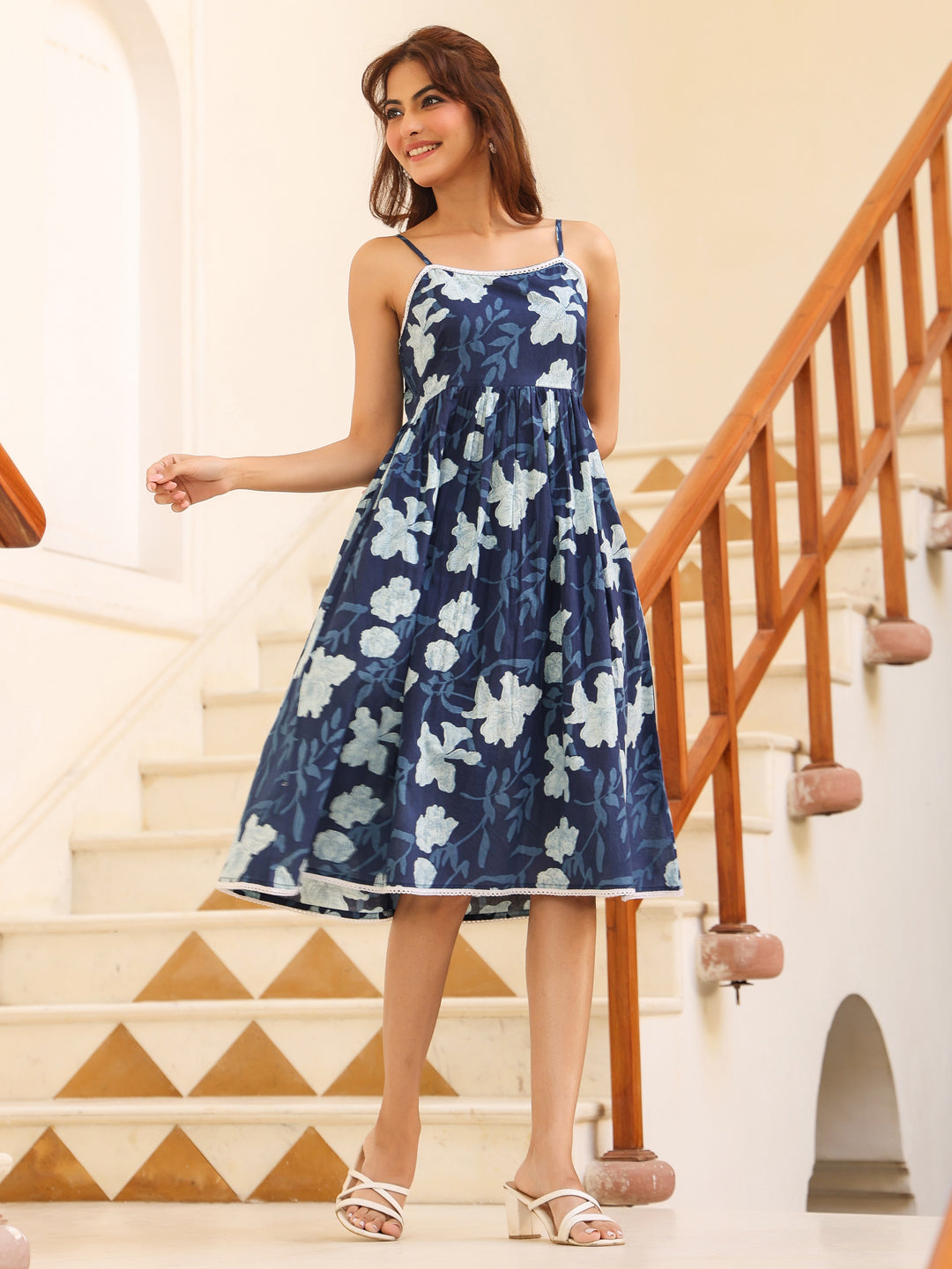 Janasya Dark Cotton Floral Fit & Flare Dress 