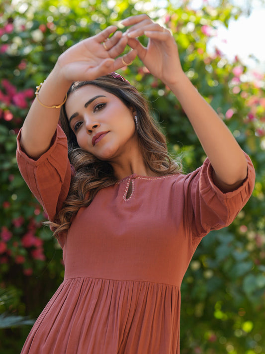 Janasya Dark Cotton Solid Gathered Dress 
