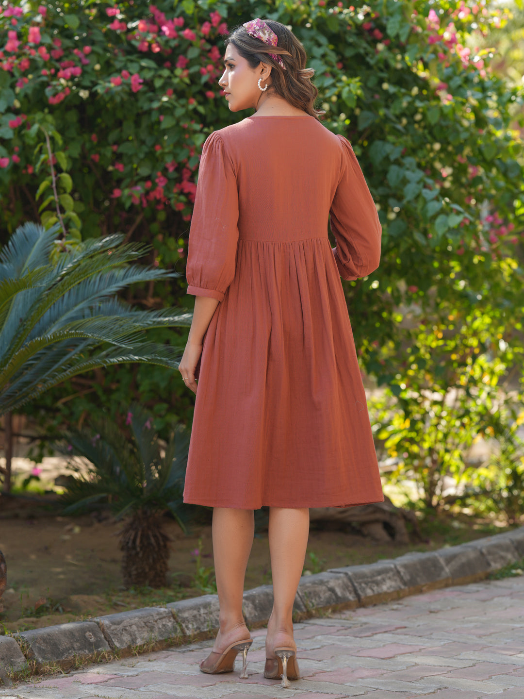 Janasya Dark Cotton Solid Gathered Dress 