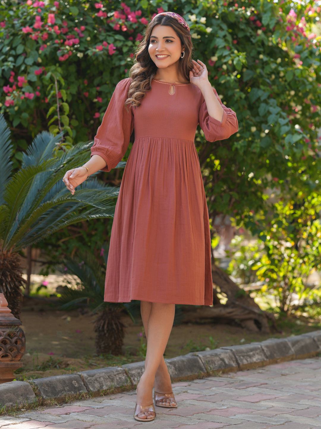 Janasya Dark Cotton Solid Gathered Dress 