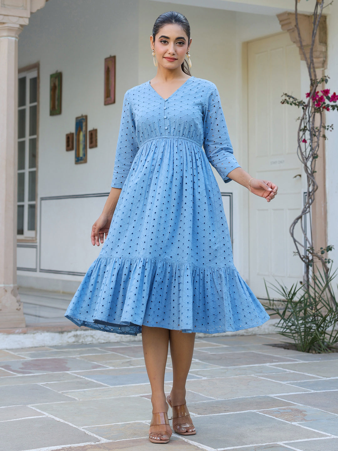 Janasya Light Cotton Schiffli Fit & Flare Dress 