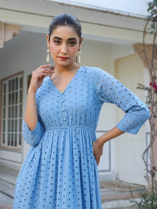 Janasya Light Cotton Schiffli Fit & Flare Dress 