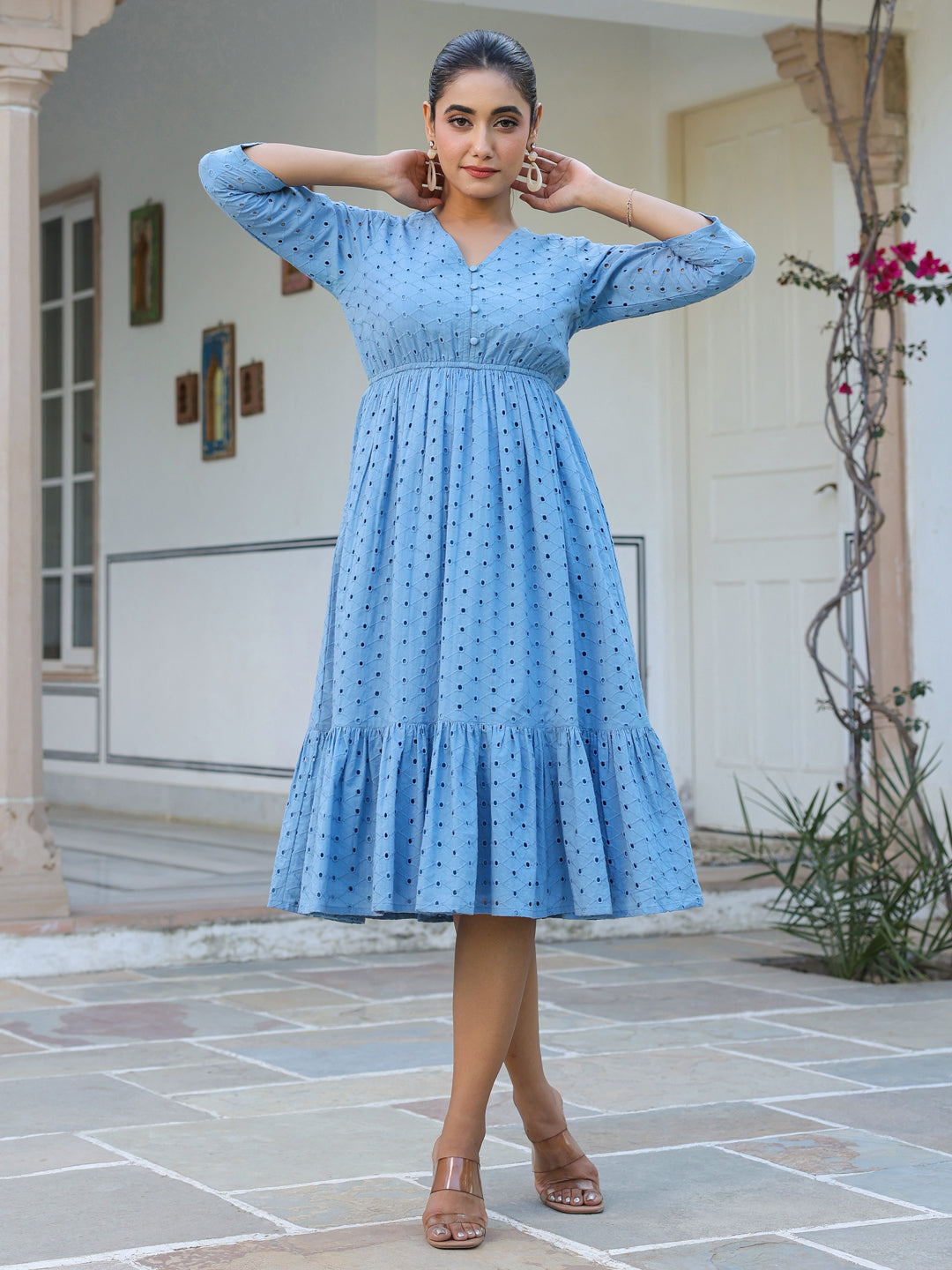 Janasya Light Cotton Schiffli Fit & Flare Dress 