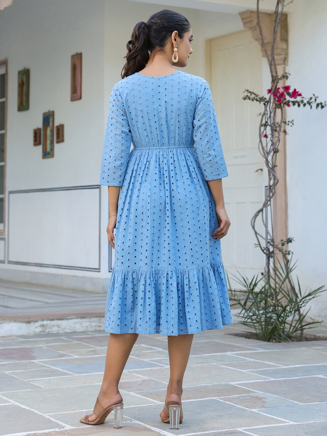 Janasya Light Cotton Schiffli Fit & Flare Dress 