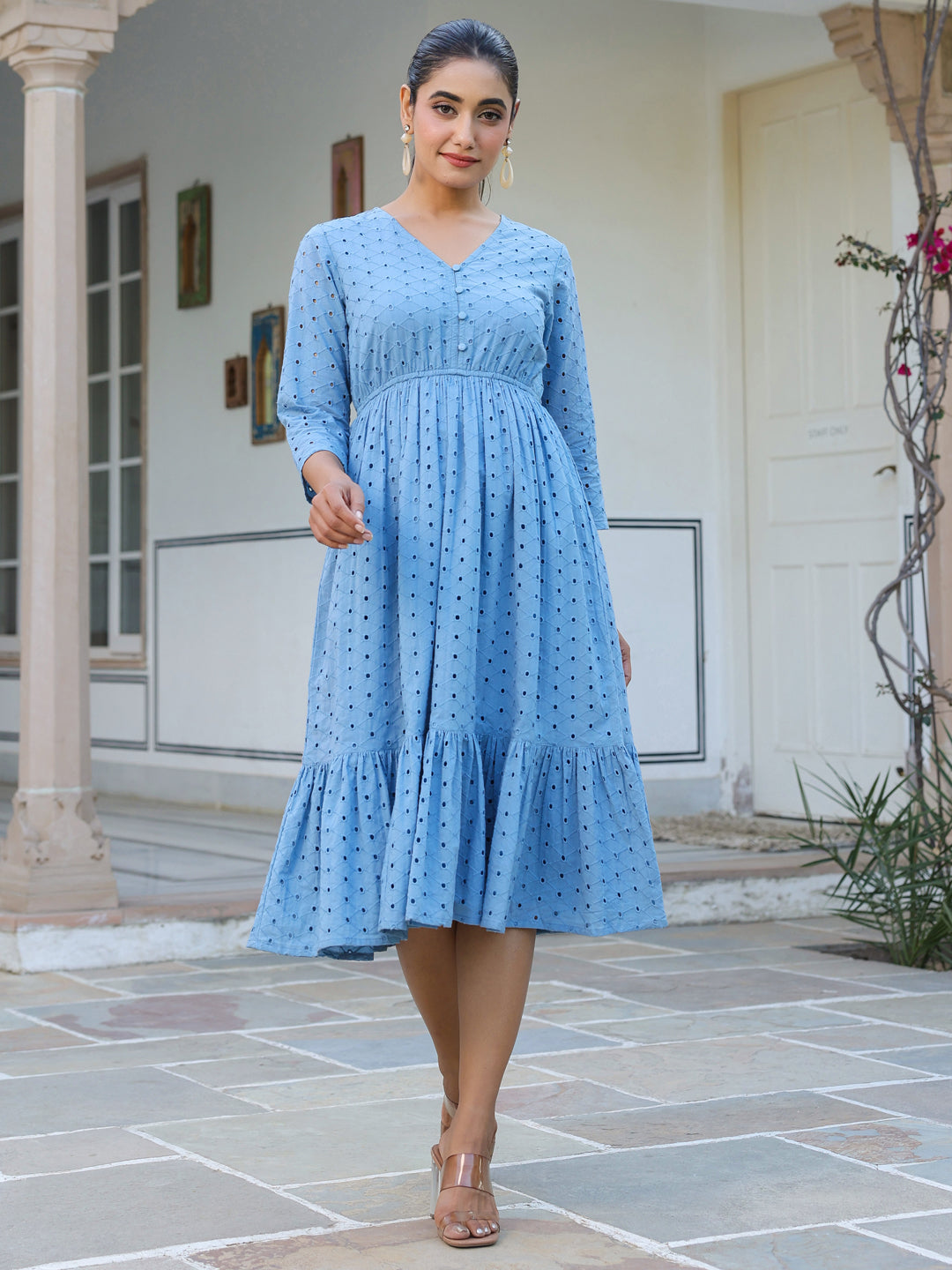 Janasya Light Cotton Schiffli Fit & Flare Dress 