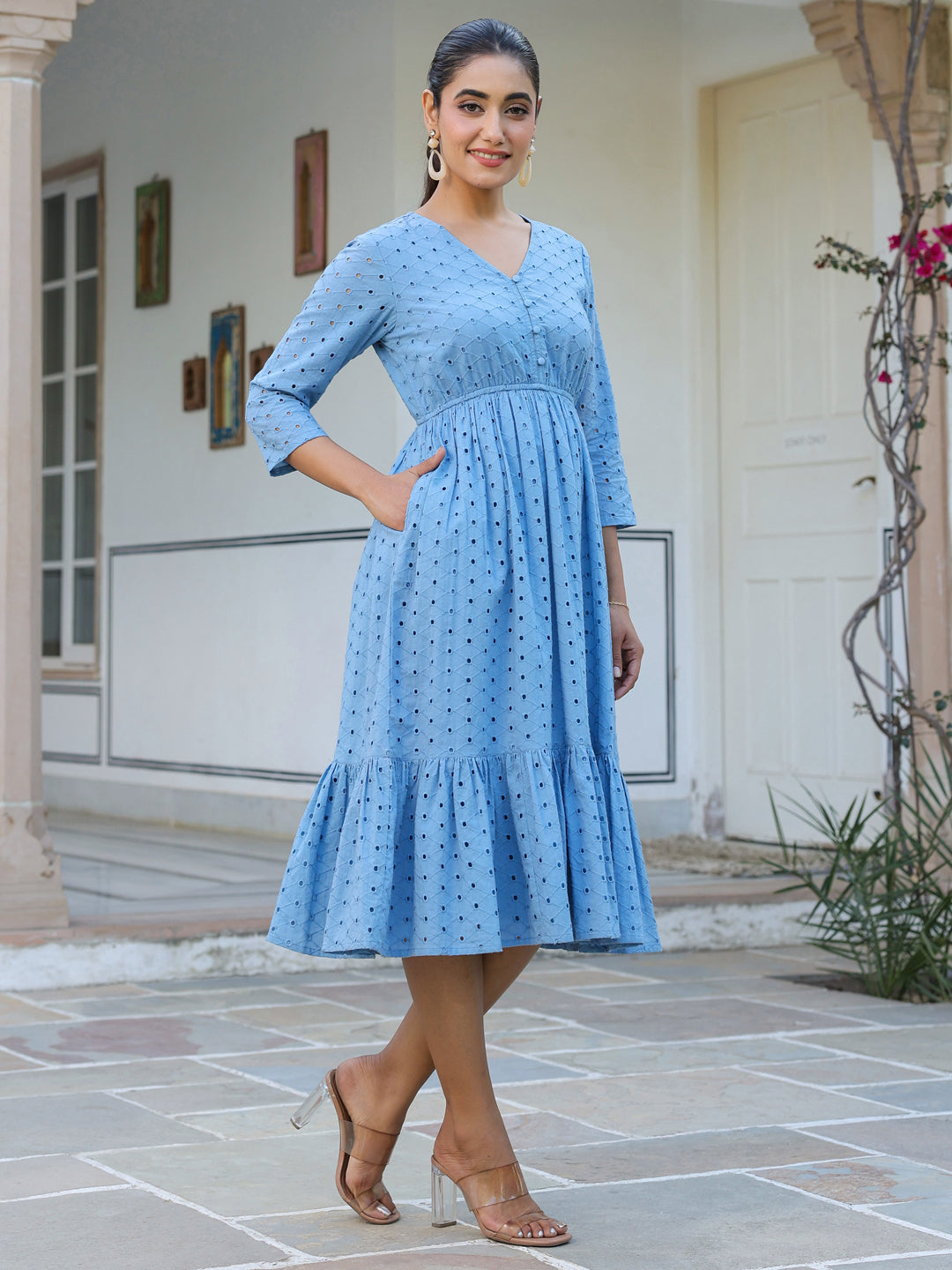 Janasya Light Cotton Schiffli Fit & Flare Dress 