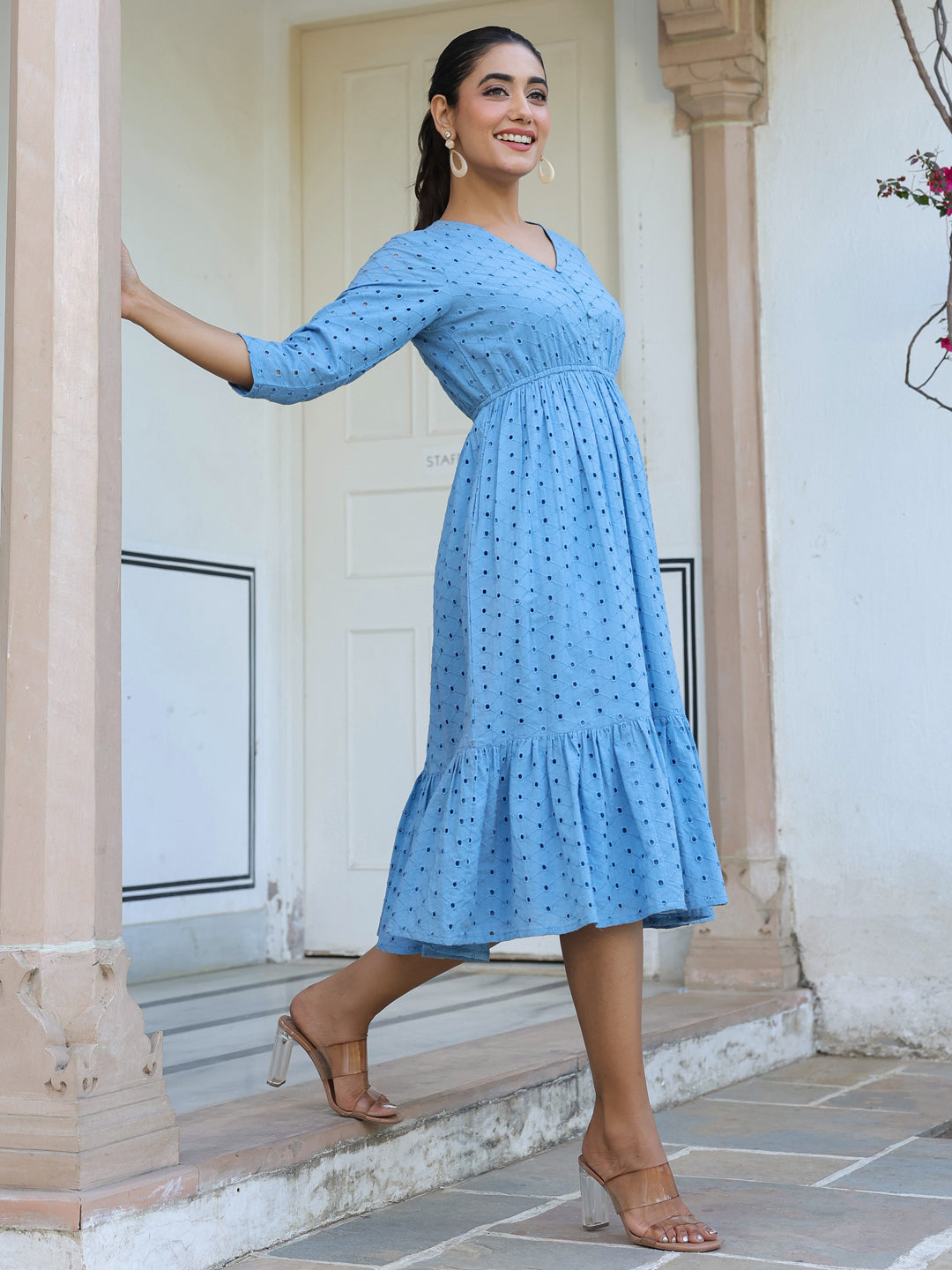 Janasya Light Cotton Schiffli Fit & Flare Dress 