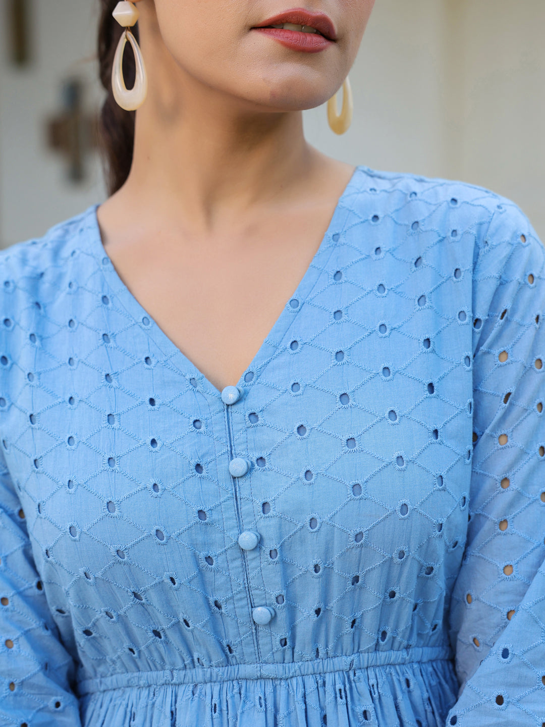 Janasya Light Cotton Schiffli Fit & Flare Dress 