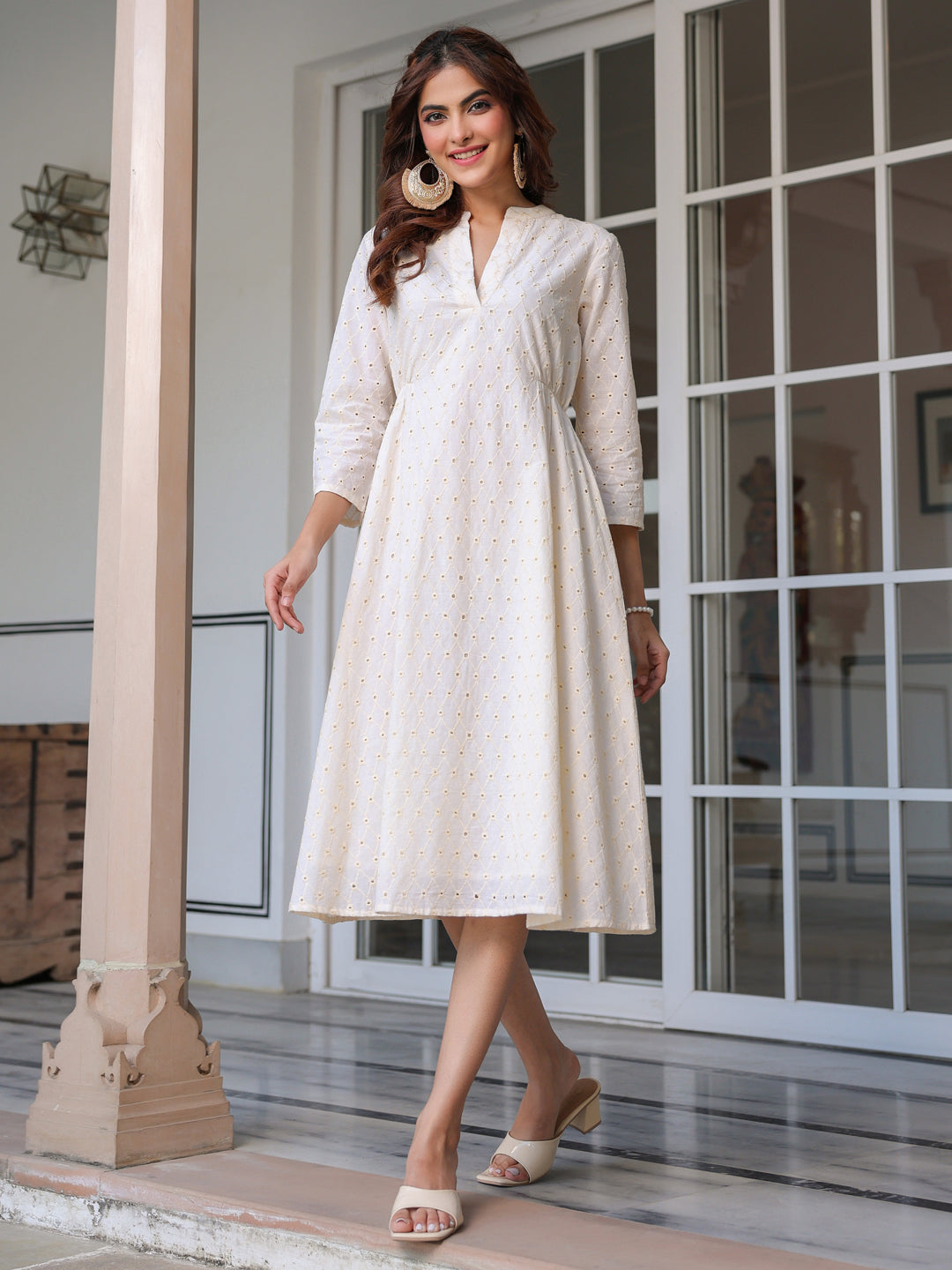 Janasya Light Cotton Schiffli A-Line Dress 