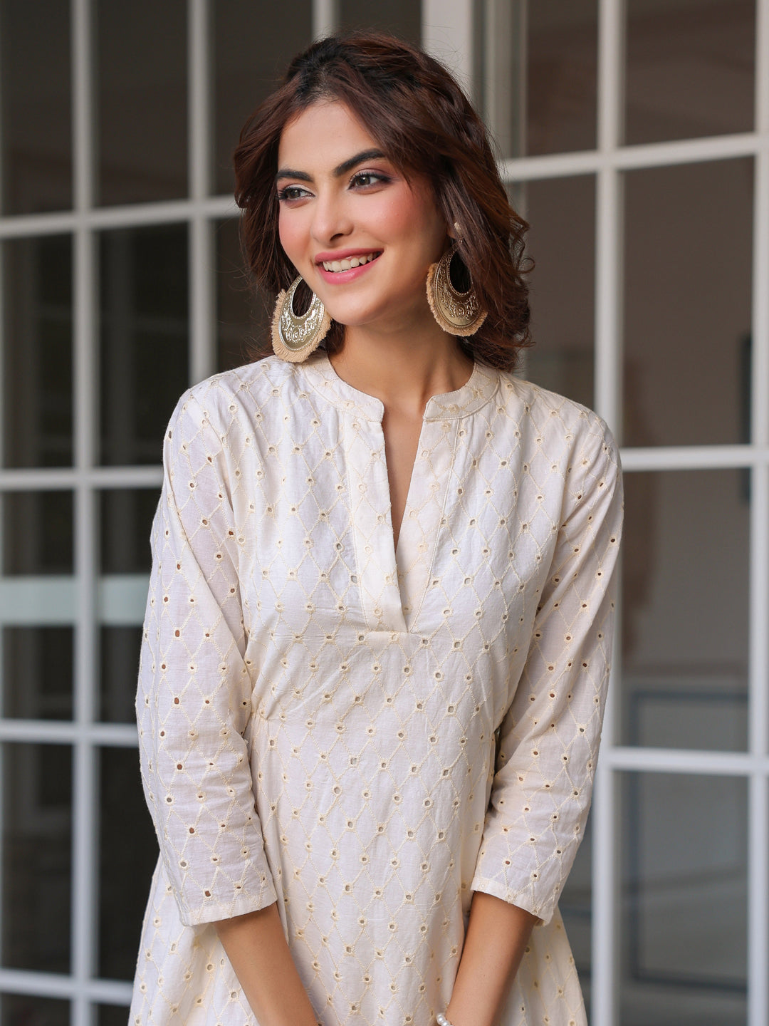 Janasya Light Cotton Schiffli A-Line Dress 